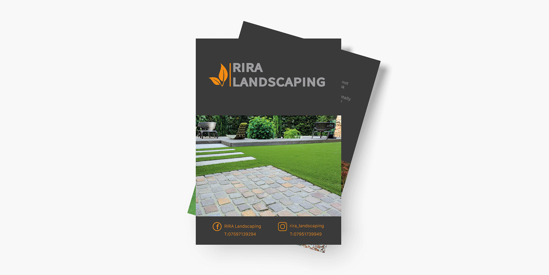 4 page A5 leaflet in dark grey with Light grey and orange log, photos of landscaping work, list of services and customer reviews