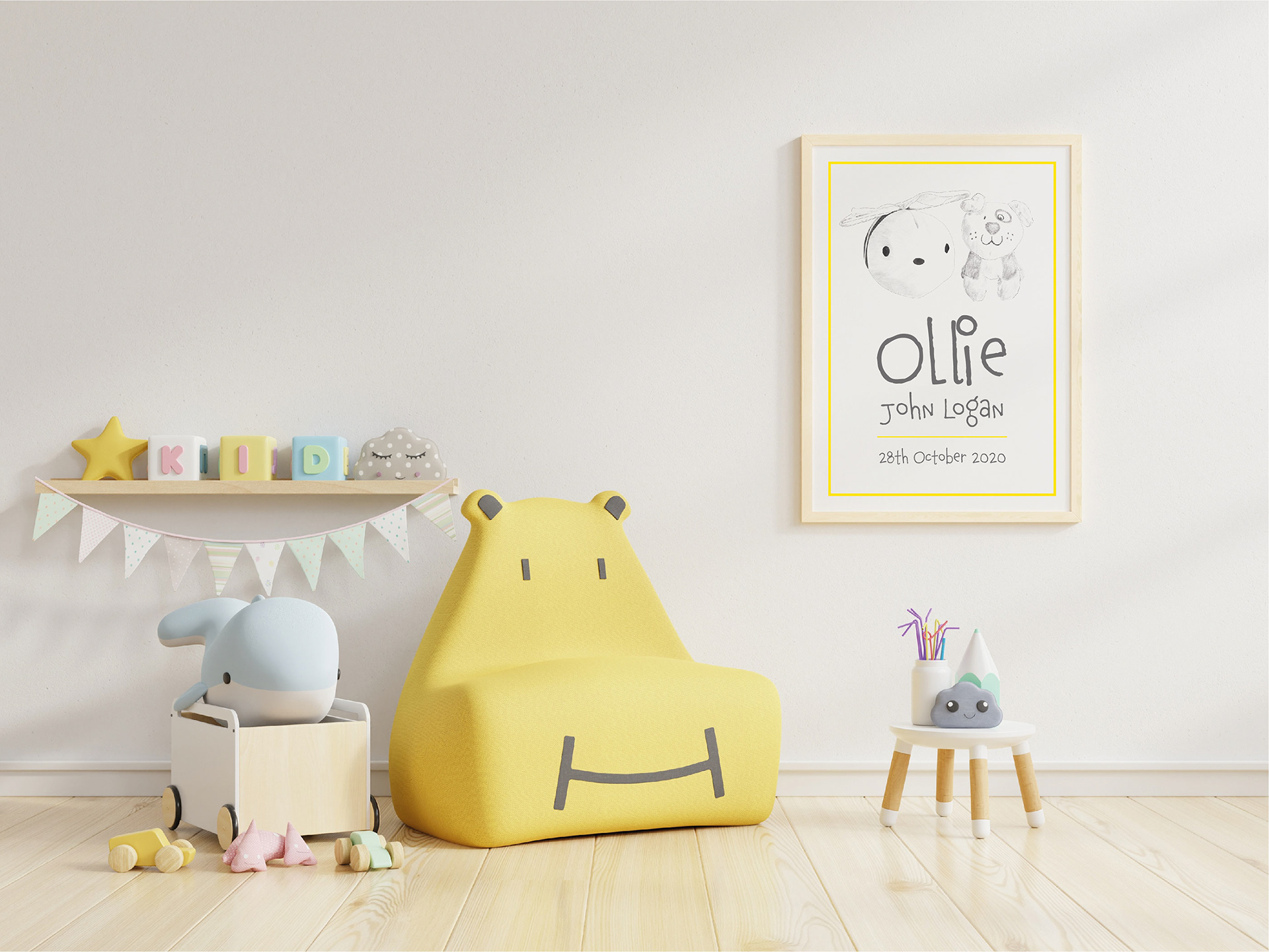 White wall of Child's bedroom with yellow chair, a shelf with pale green bunting hanging down and framed print of hand drawn child's toy bumble bee and dog with his name and date of birth written below.