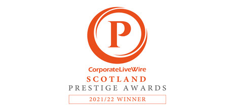 Corporate LiveWire Scotland Prestige Awards logo which is an orange circle made up of 2 broken circles with a capital P in the middle.