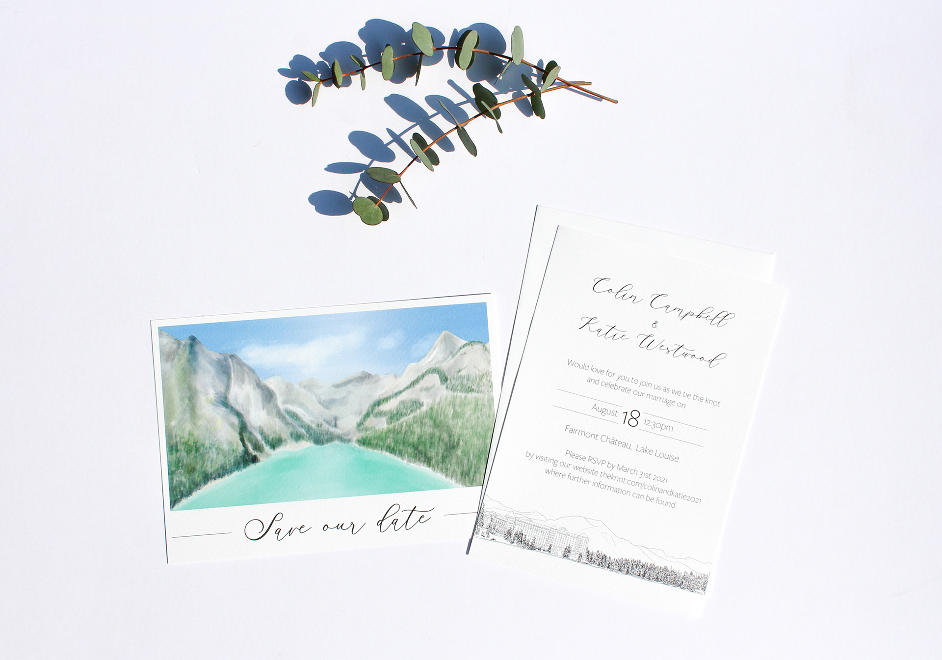 Wedding stationery design - a postcard theme save the date with a hand painted watercolour scene of Lake Louise in Canada. Beside it is the wedding invite with the details in the top 2/3 and along the bottom is a scene of the wedding venue amongst the landscape