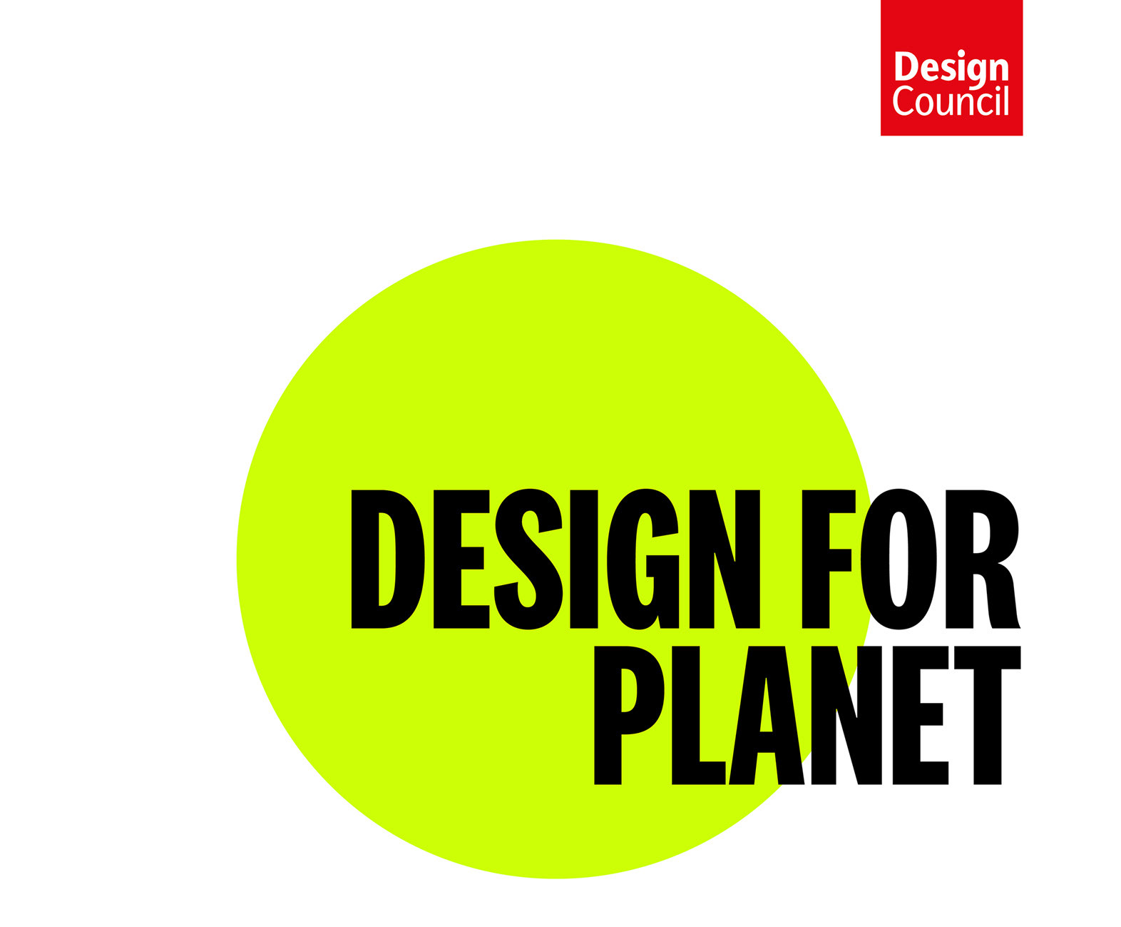 Design for planet logo is a large bright lime green circle and centred to the left are the words DESIGN FOR PLANET in thick sans serif font written in black