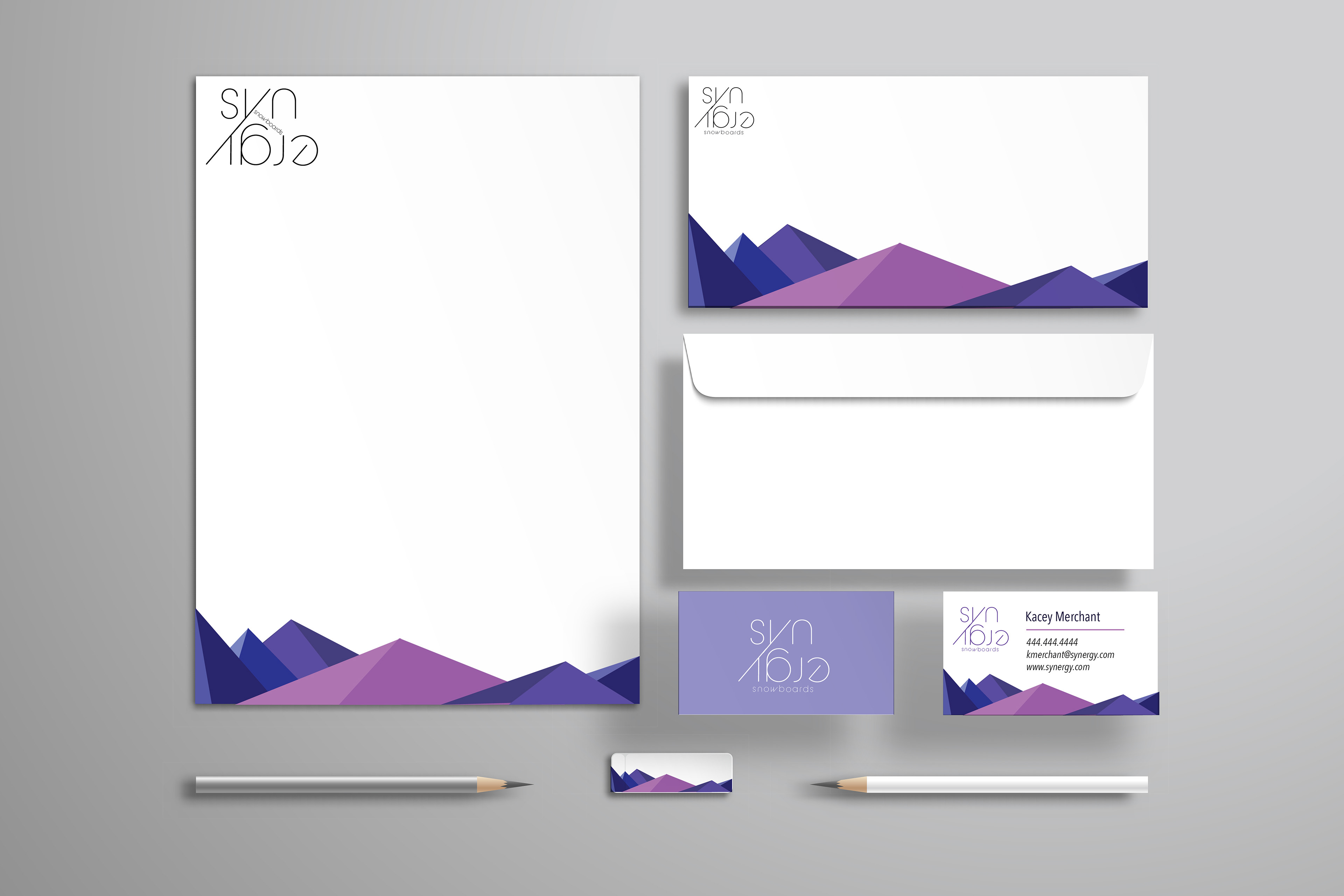 Synergy Snowboards business system is simplistic. I have used cooler colors and basic geometric shapes to mirror the mountains and crisp snow. I wanted a sharp and clean aesthetic for a company that is growing rapidly.