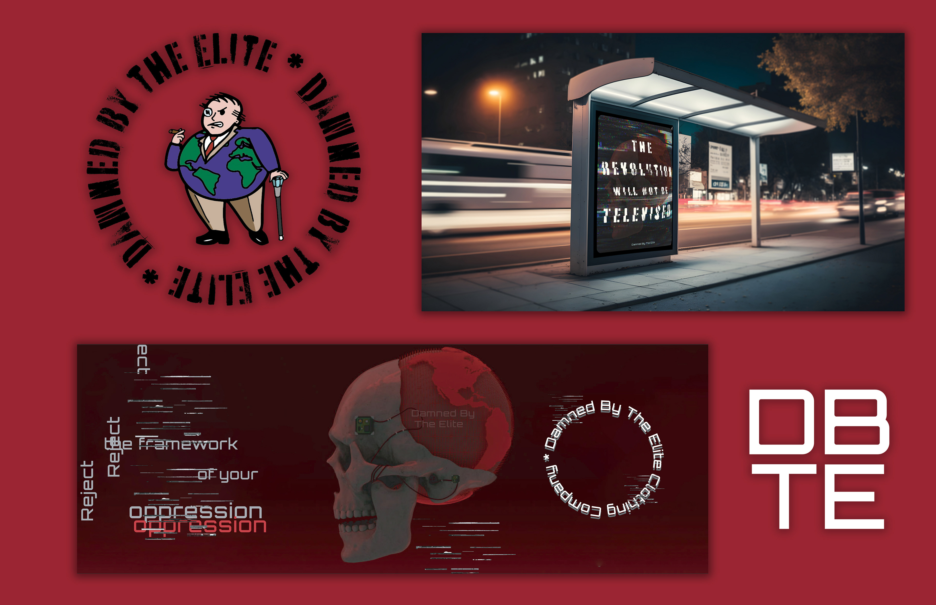 Damned By the Elite Clothing Company is creating a vision of a future lead by the people. Their media presence thrives on dystopian and futuristic elements. The company has locked onto a dark color palette to allow potential customers feel the gravity of their message.