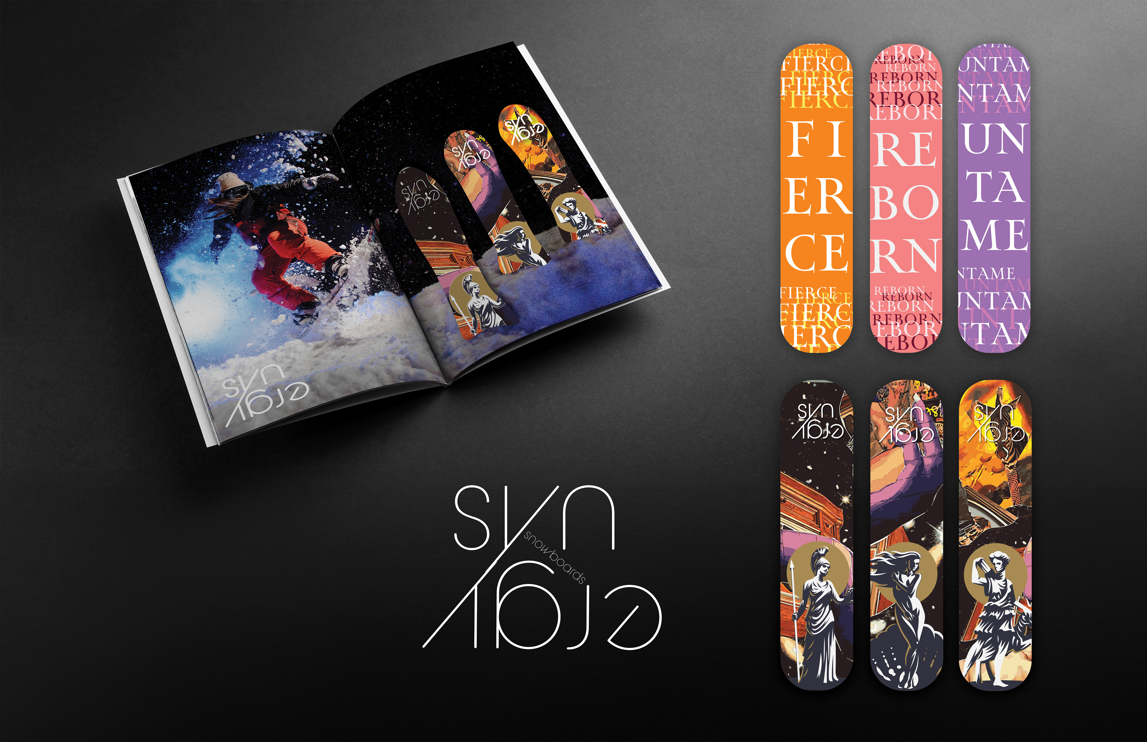 Synergy Snowboards is a modern snowboard company that has requested a limited run of snowboards aimed at female snowboarders. I have created a three board run that highlights three Greek goddesses: Athena, Aphrodite, and Artemis. Athena representing power and wisdom, Aphrodite representing love and beauty, and Artemis representing staying wild and untamed. I used color palettes reflective of each goddess and type that is reminiscent of the Parthenon of Ancient Greece. Women that take on the slopes will harness the power within on Synergy Snowboards.