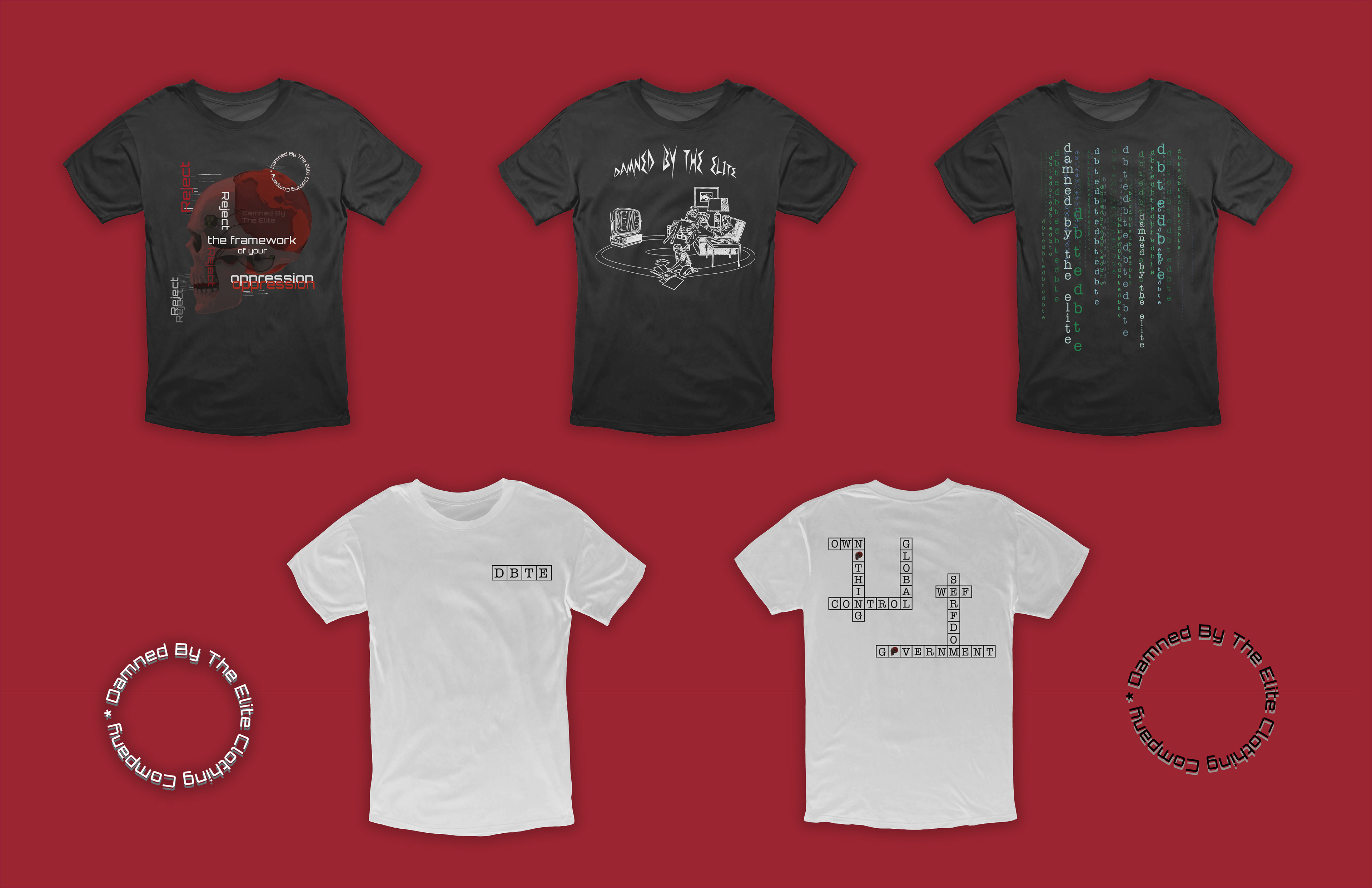 DBTE has requested subliminal type that is glitched or repetitive. This has allowed me to play with hue and saturation variation to provide a more uniform look on busier designs. I want to communicate the tension that my client wants viewers to feel. Feel uneasy and find a place for change. DBTE is a visionary movement disguised as a clothing company.