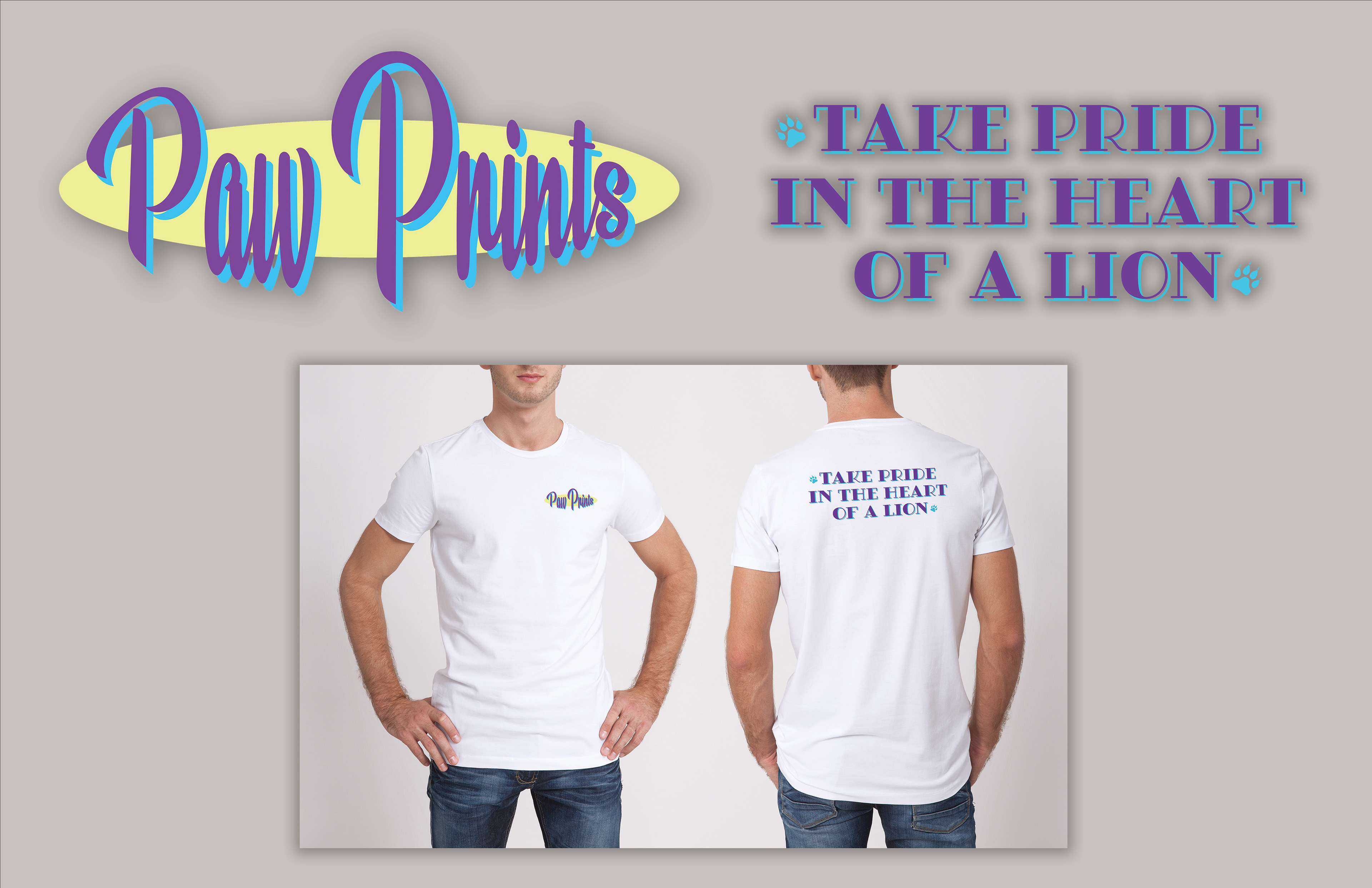 Paw Prints is an in-house work program for students at the Western Pennsylvania School for Blind Children. The identity I created for this life changing experience takes into account the school mascot, Lavi the Lion, and the school colors, teal and purple. Giving Lavi an identity has given the school community a direction to start in. Creating positive phrases to accompany designs for store clothing continues the message that the school has communicated for 135+ years; "You can do this, your team is behind you."