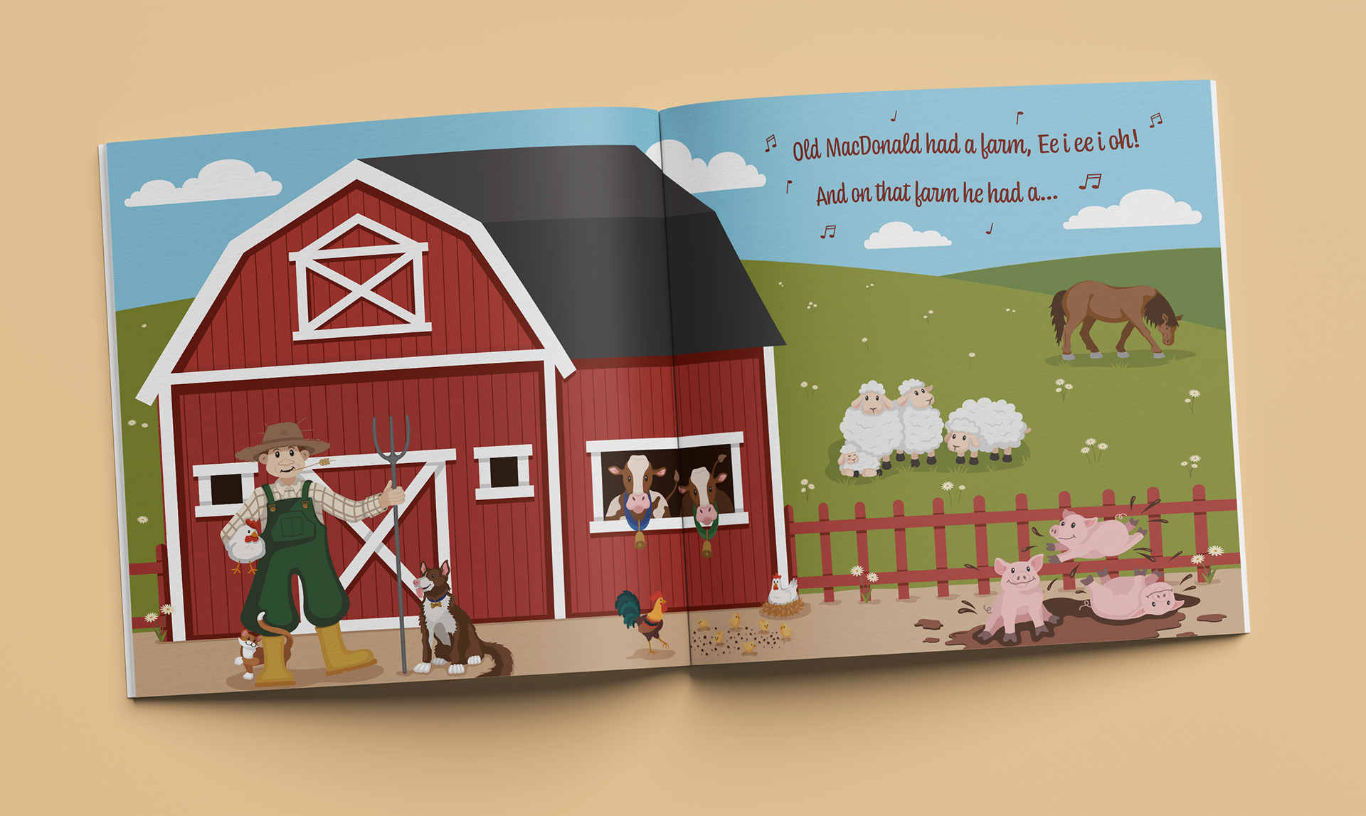 «Old McDonald had a farm» satt inn i bok mockup