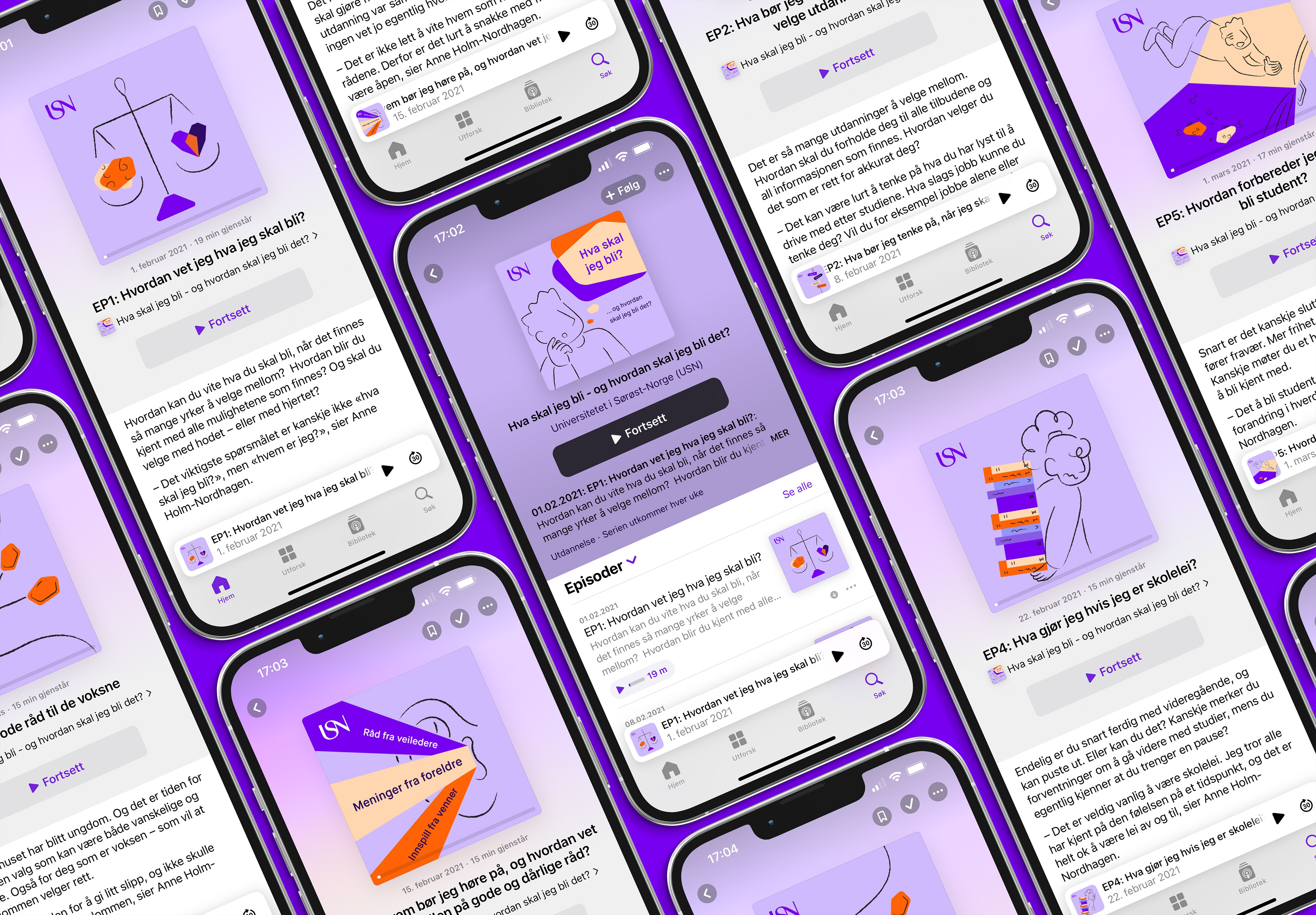 Podcast illustrasjoner vist på flere telefoner