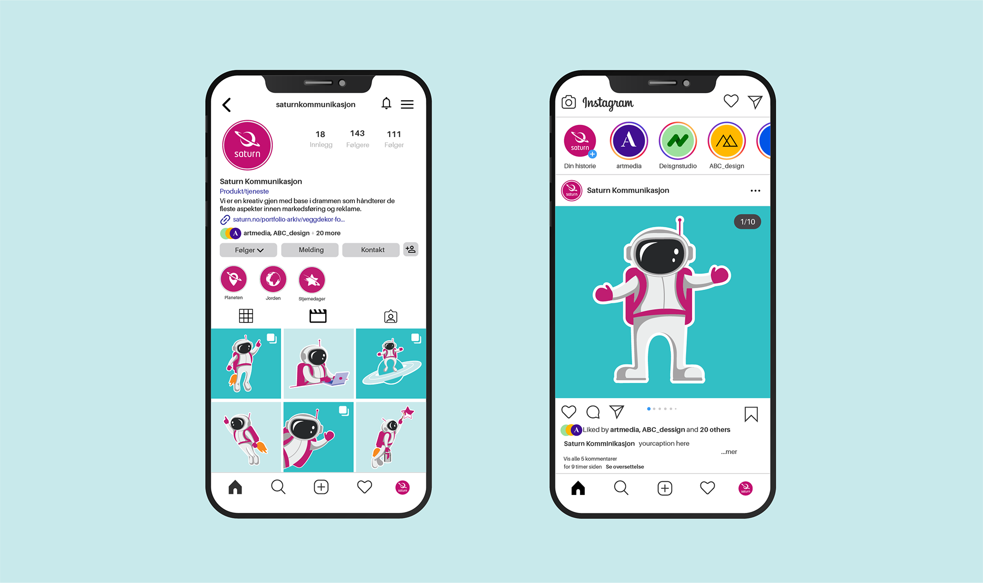 Piktogrammer og astronaut satt inn i mockup av Saturn sin Instagram profil