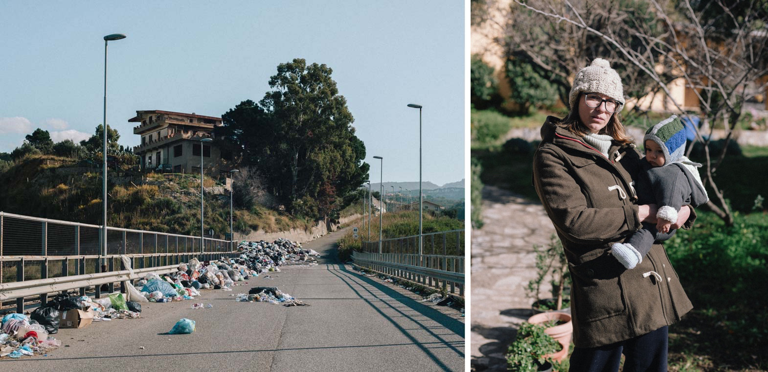 The three dumpsters 100 m from my house and a portrait of my wife and my son.