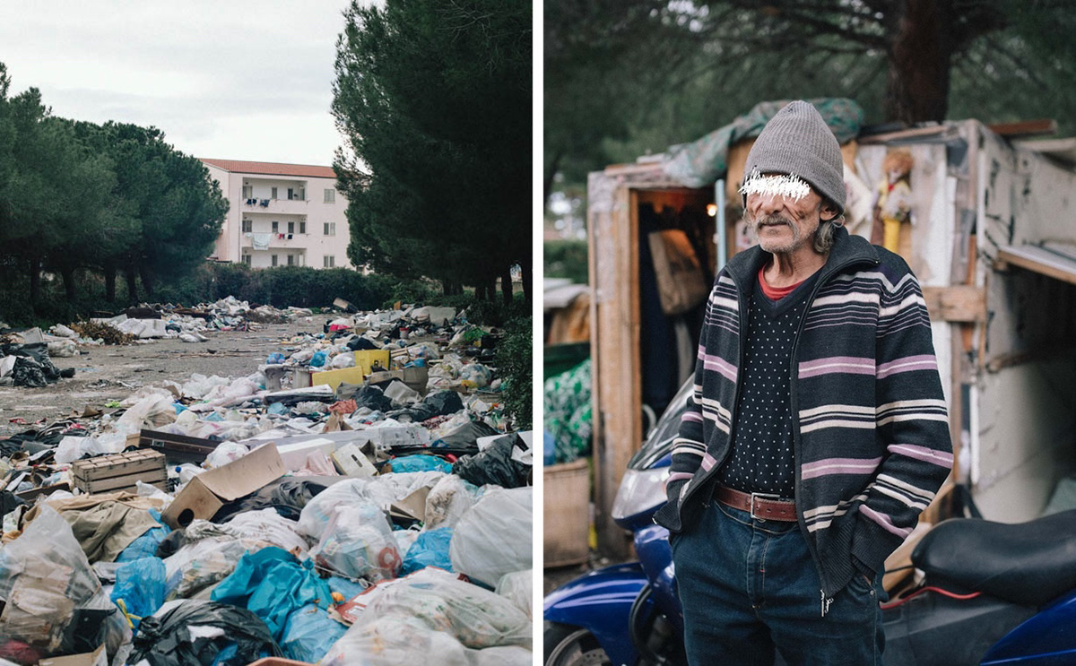 The parking lot of the municipal cemetery, near the city center. Mr. M. pose in front of his hut built from garbage recovered parts, where he has been living for two years.