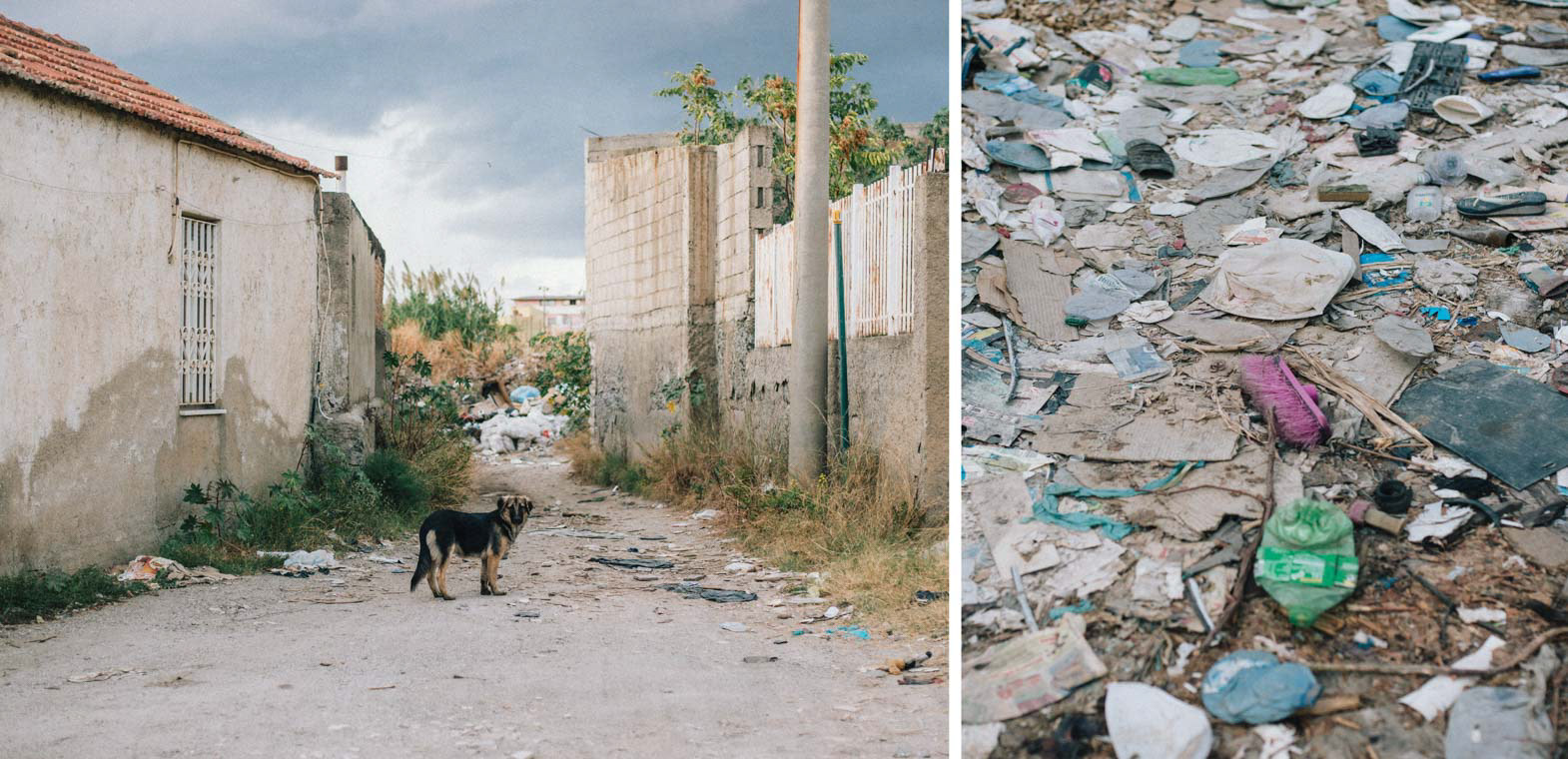 The entrance of the road that crosses the Menga dry river, a dump like all the rivers in the city. A detail of the road, practically paved with waste.