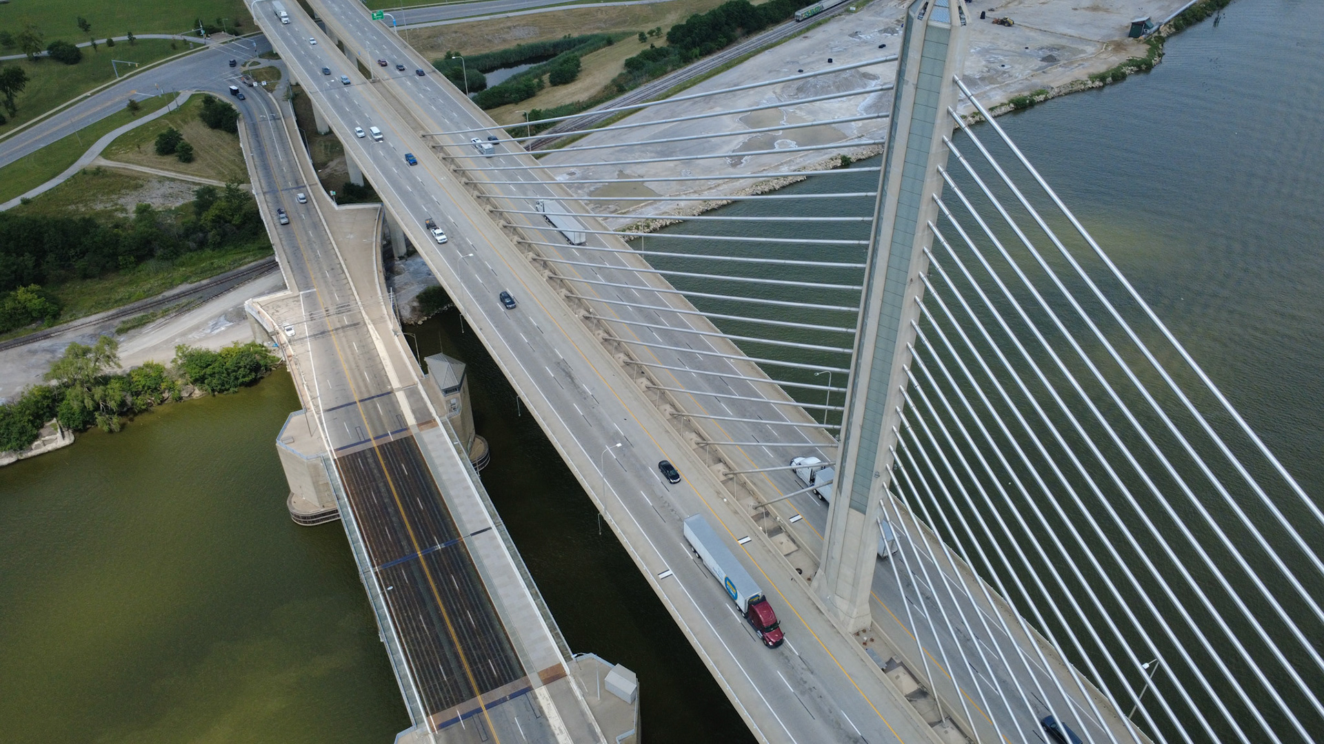 View of Glass City Bridge: DJI Mini 4K Source Sky Cheezer Studios DBA Say Cheeze Inc
