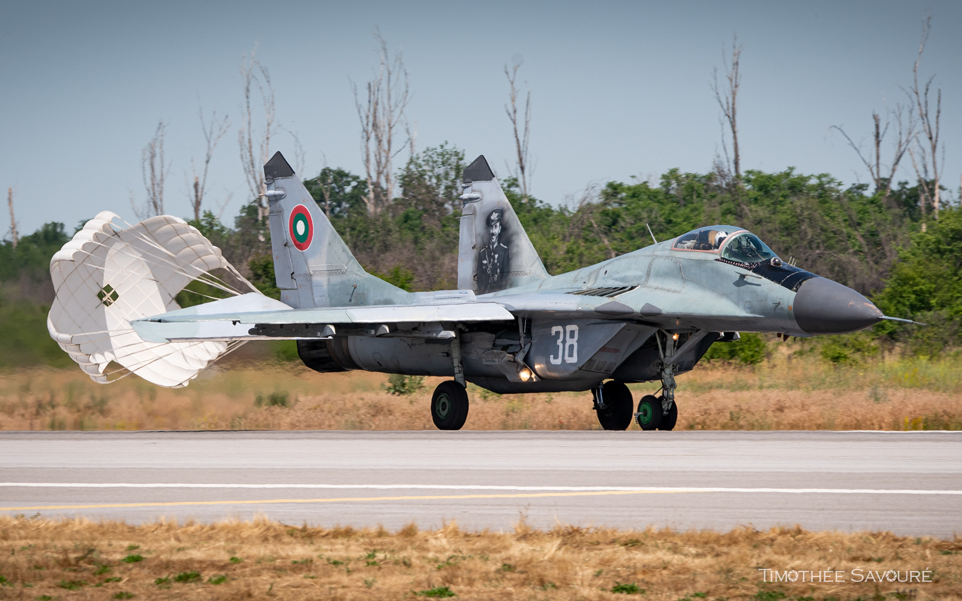 Drag chute landing for this MiG-29K of the Bulgarian Air Force