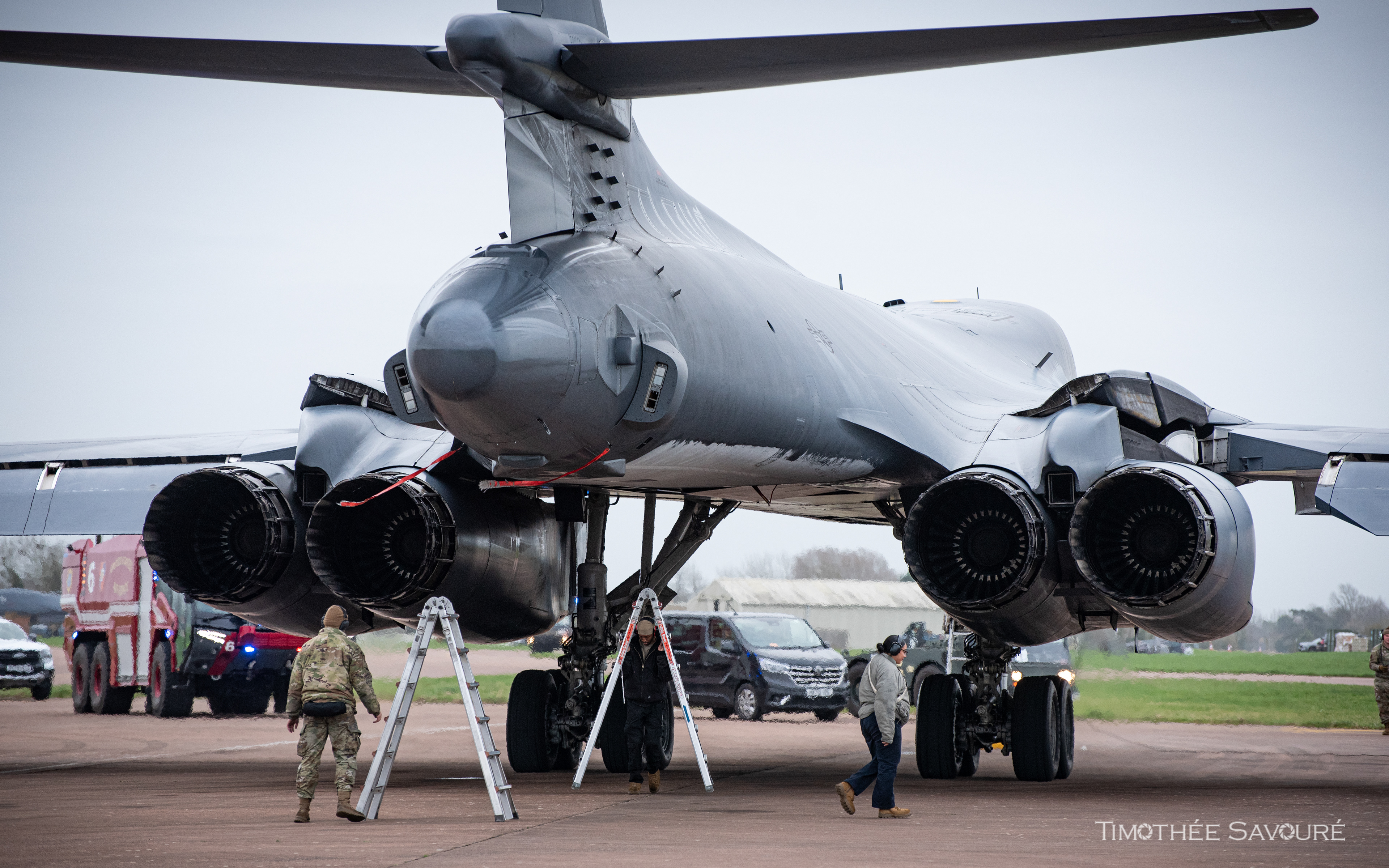 Back from a 16-hour mission, this B-1B has ice on the belly
