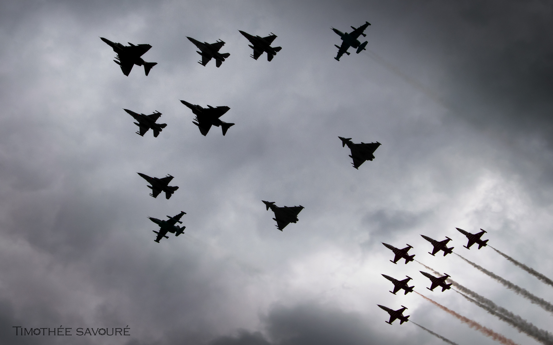 Formation flypast with Anatolian Eagle participants: Turkish F-4E, F-16, UAE and Pakistan F-16, Qatari Typhoon, Azerbaijan Su-25, Turkish Stars F-5
