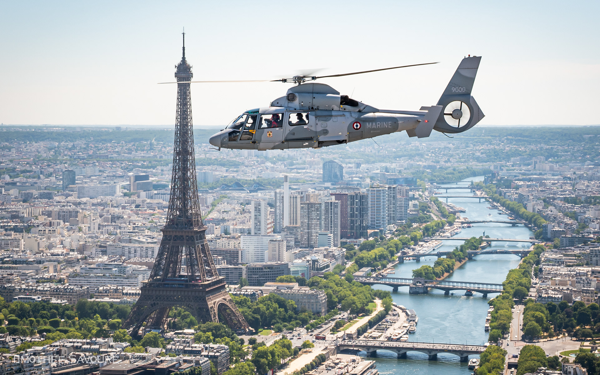 Marine Nationale AS365N3 Dauphin low over Paris with the Eiffel Tower