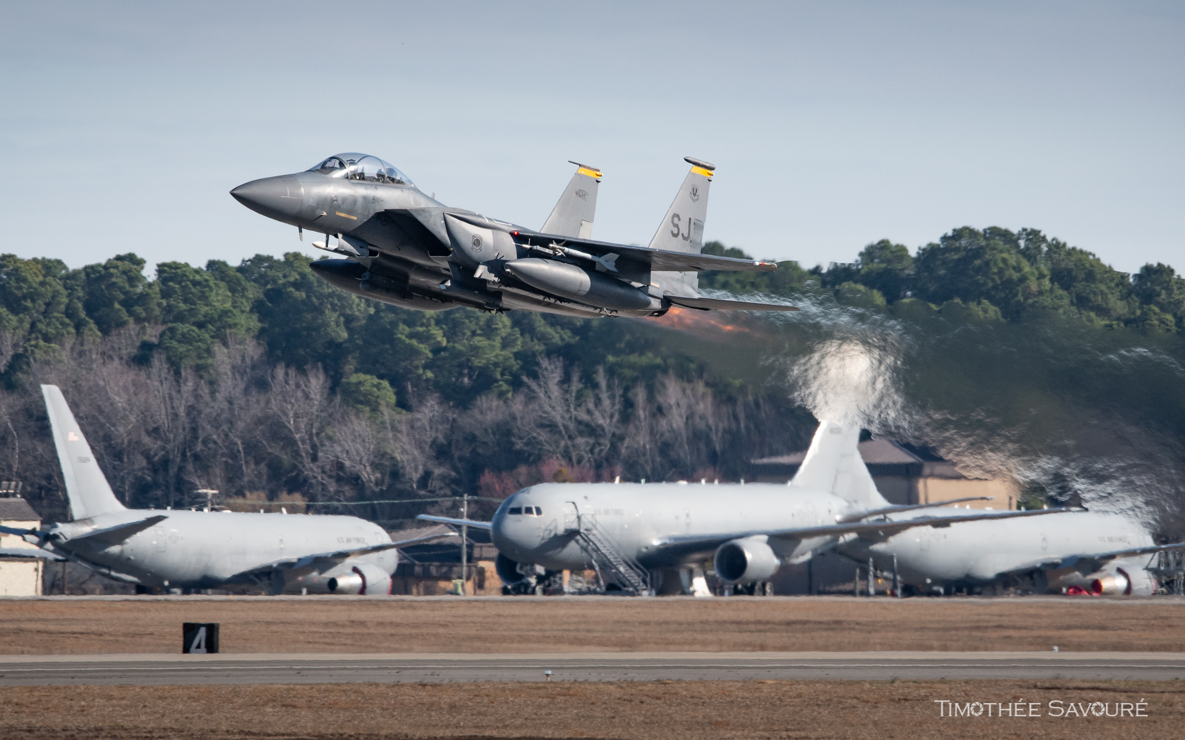 Seymour Johnson AFB F-15E Strike Eagle 4th Fighter Wing take-off KC-46A Pegasus