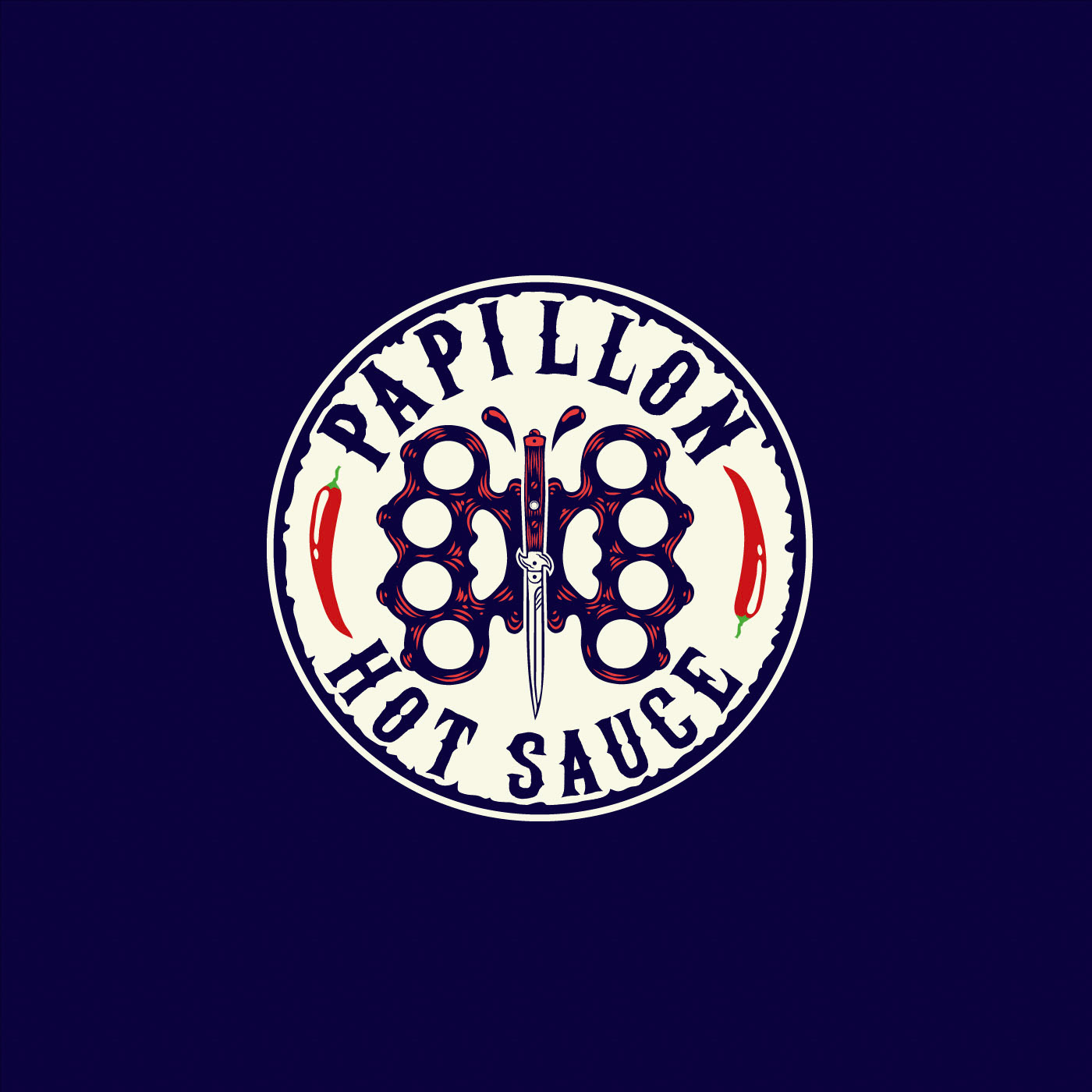 This logo was made for a South-East London based Papillon Hot Sauce. They make handcrafted sauces. The butterfly symbol was made from two boxer knuckles and a knife. 