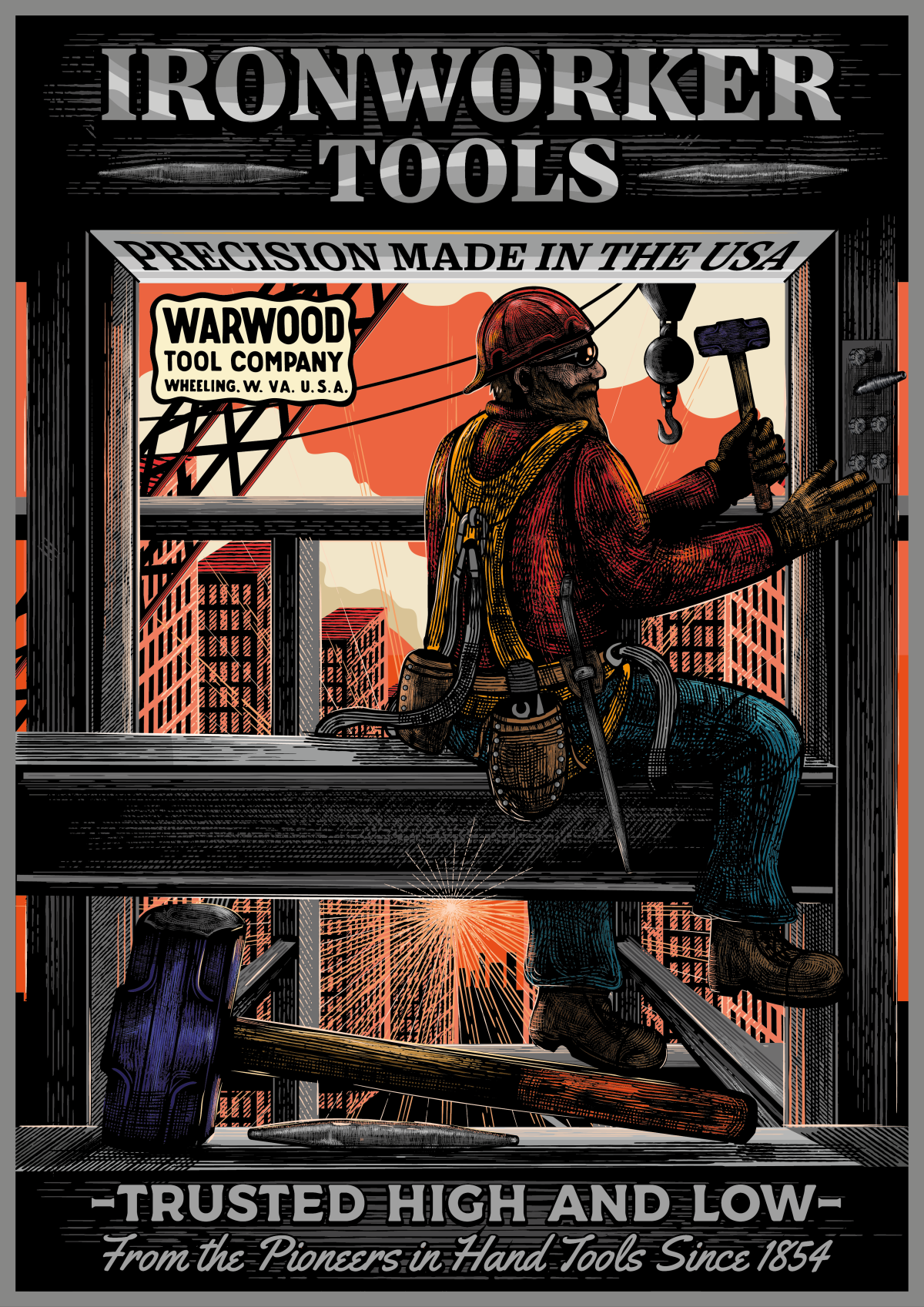 Ironworker Tools Poster Design for Warwood Tool Company
