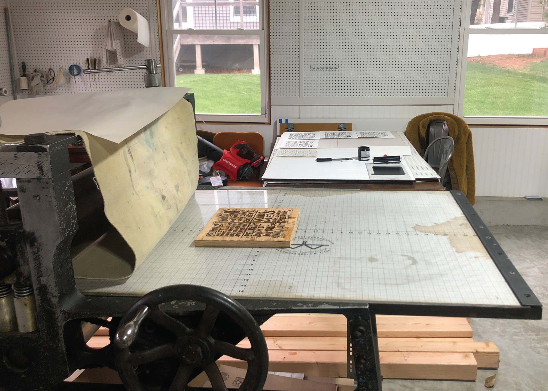 Antique Tabletop Etching Press, bed approximately 45" H x 30"W