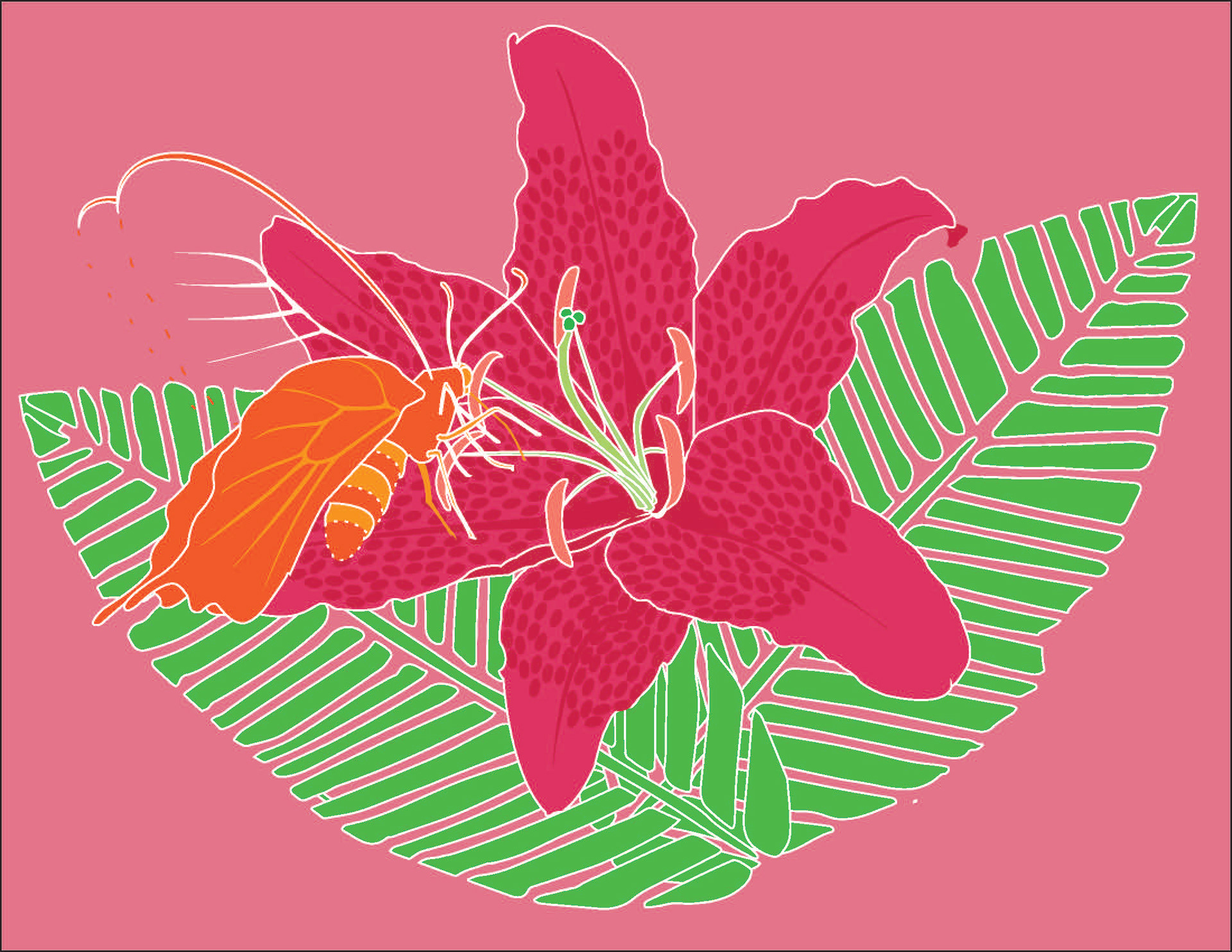 the Ohana Botanical Gardens logo, I merged components from our previous project. Embracing the stargazer lily as the focal point, I blended its vibrant hues into a neon-like design. I then added palm leaves in the backdrop for depth and finished it off with a monarch butterfly on top.