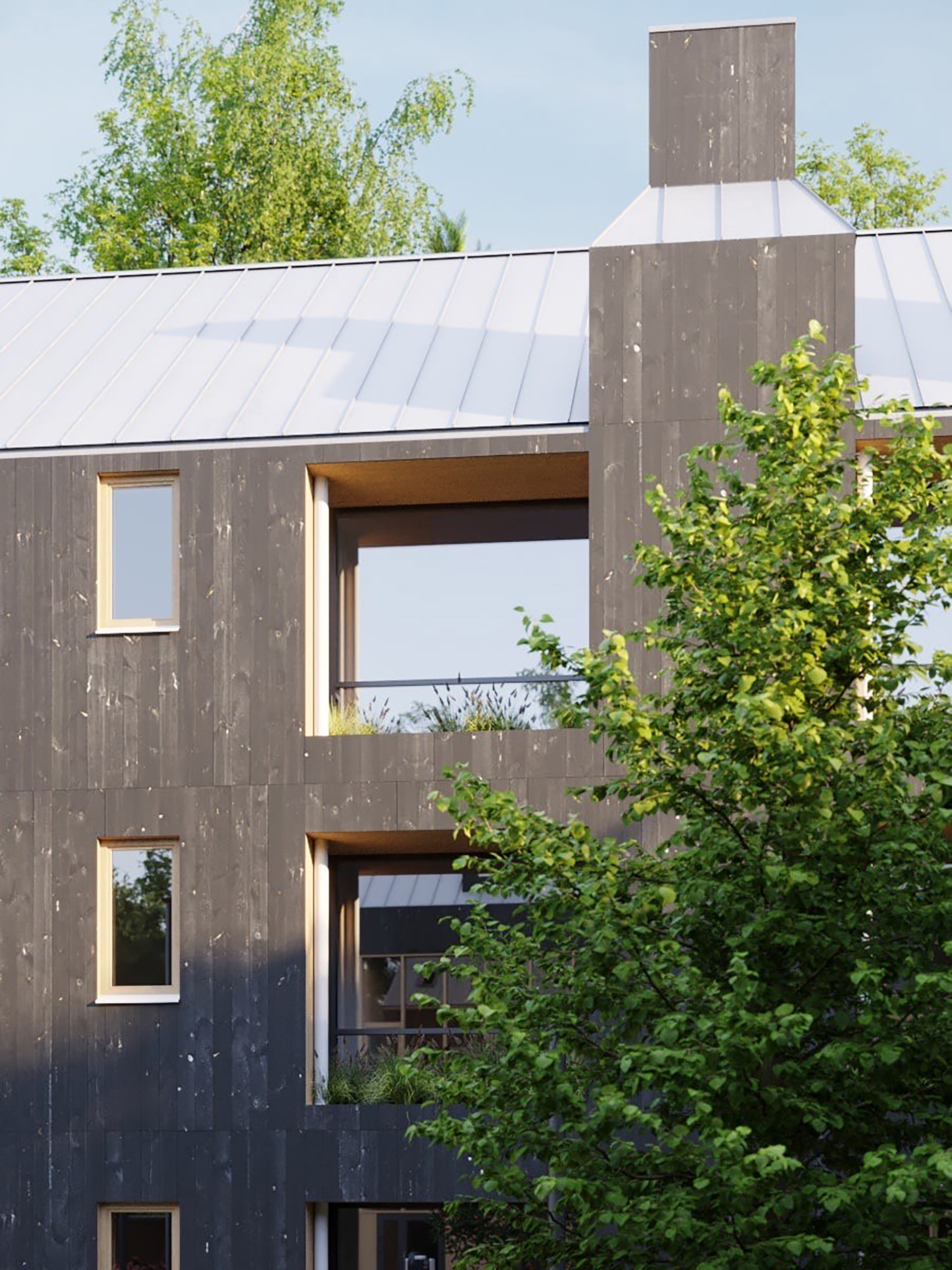 Vue détaillée des loggias et des cheminées solaires