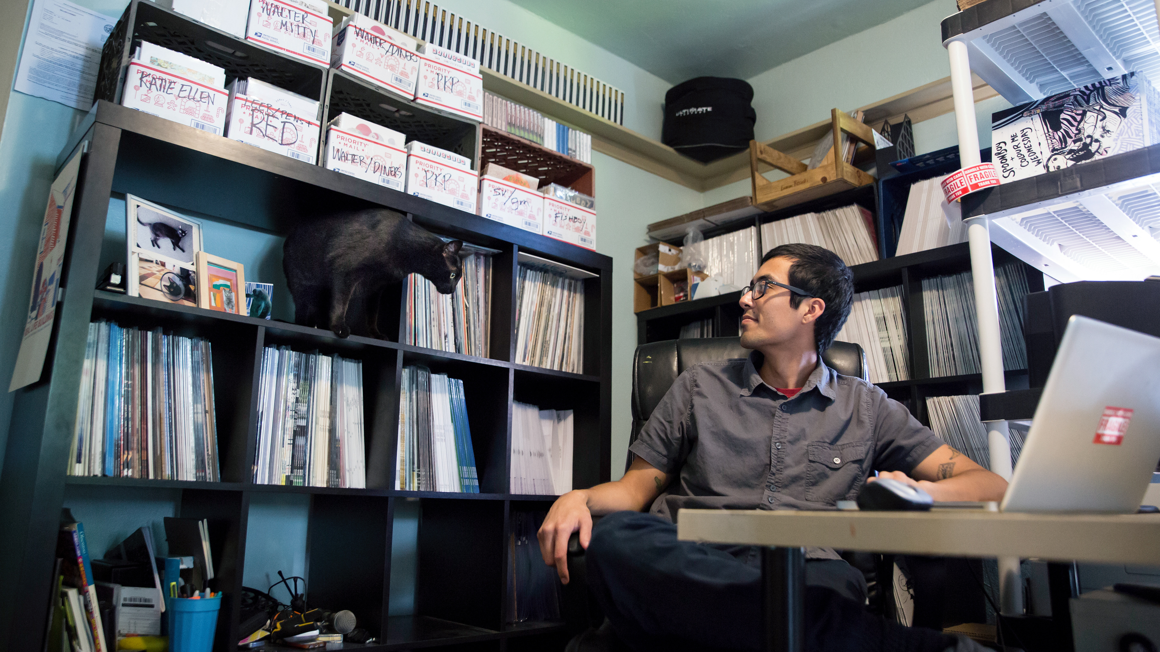 Aaron Kovacs with employee running Lauren Records from his home || ©Adrian Huerta