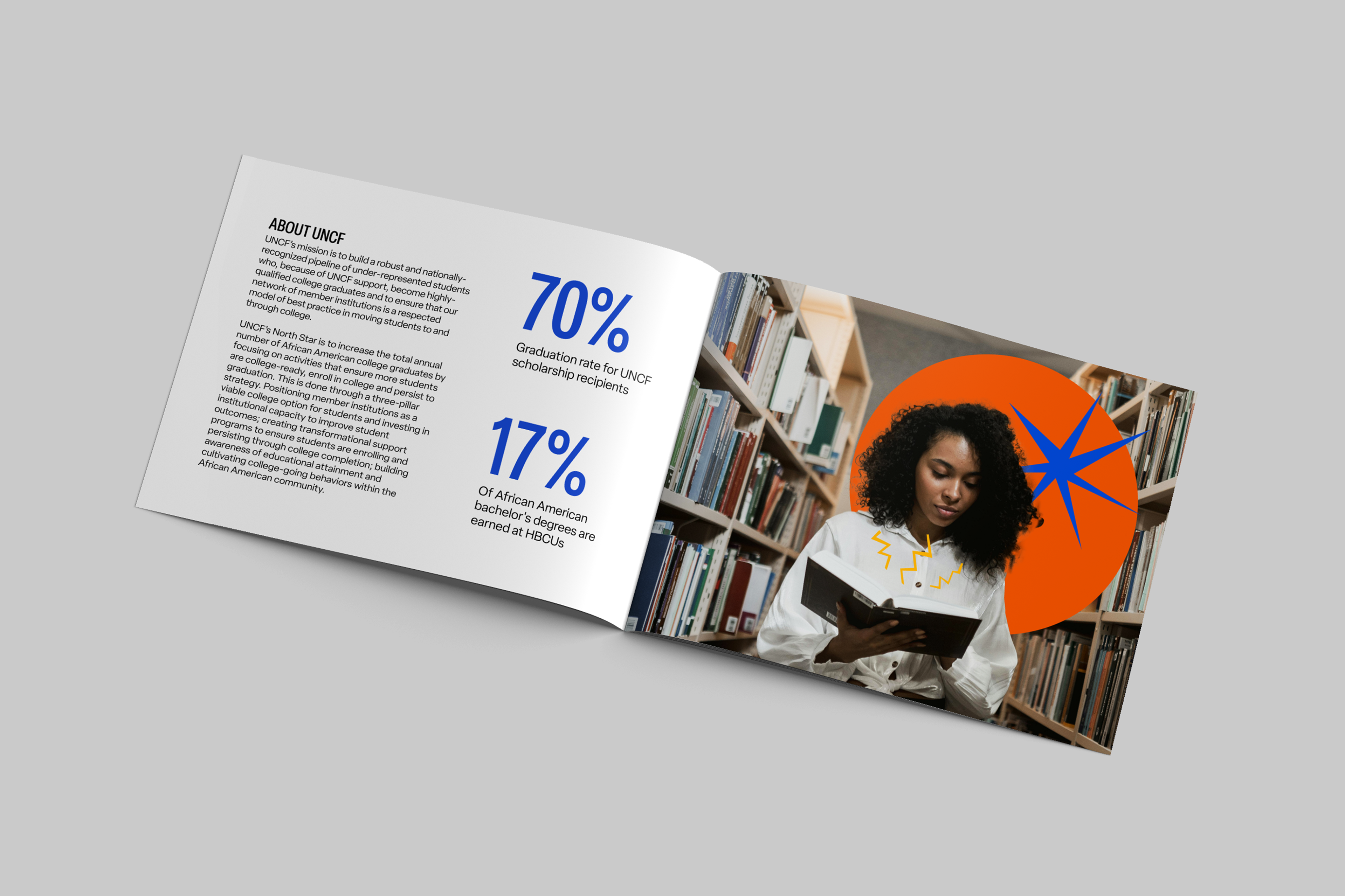 A mockup of a booklet for the UNCF campaign with text, data highlights, and an image