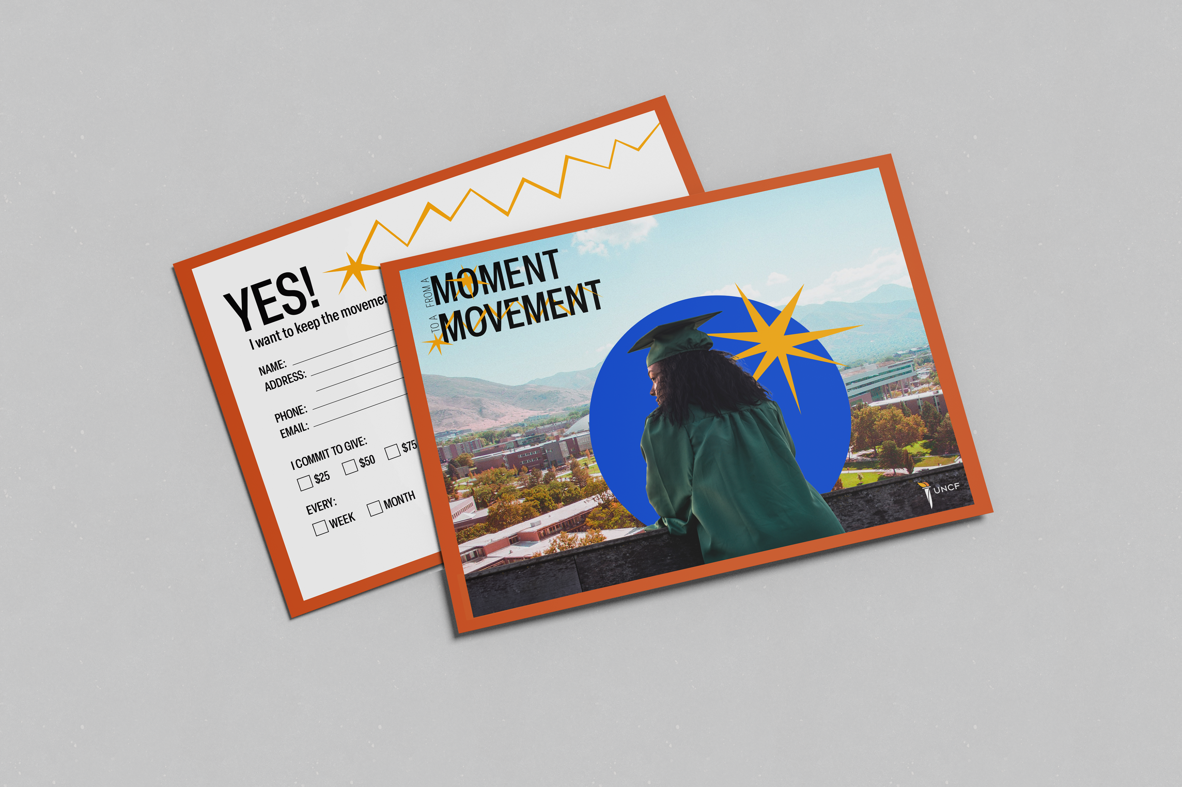 A mockup of a donor card for the UNCF campaign with a donation form on the back and an image of a Black graduate on the front