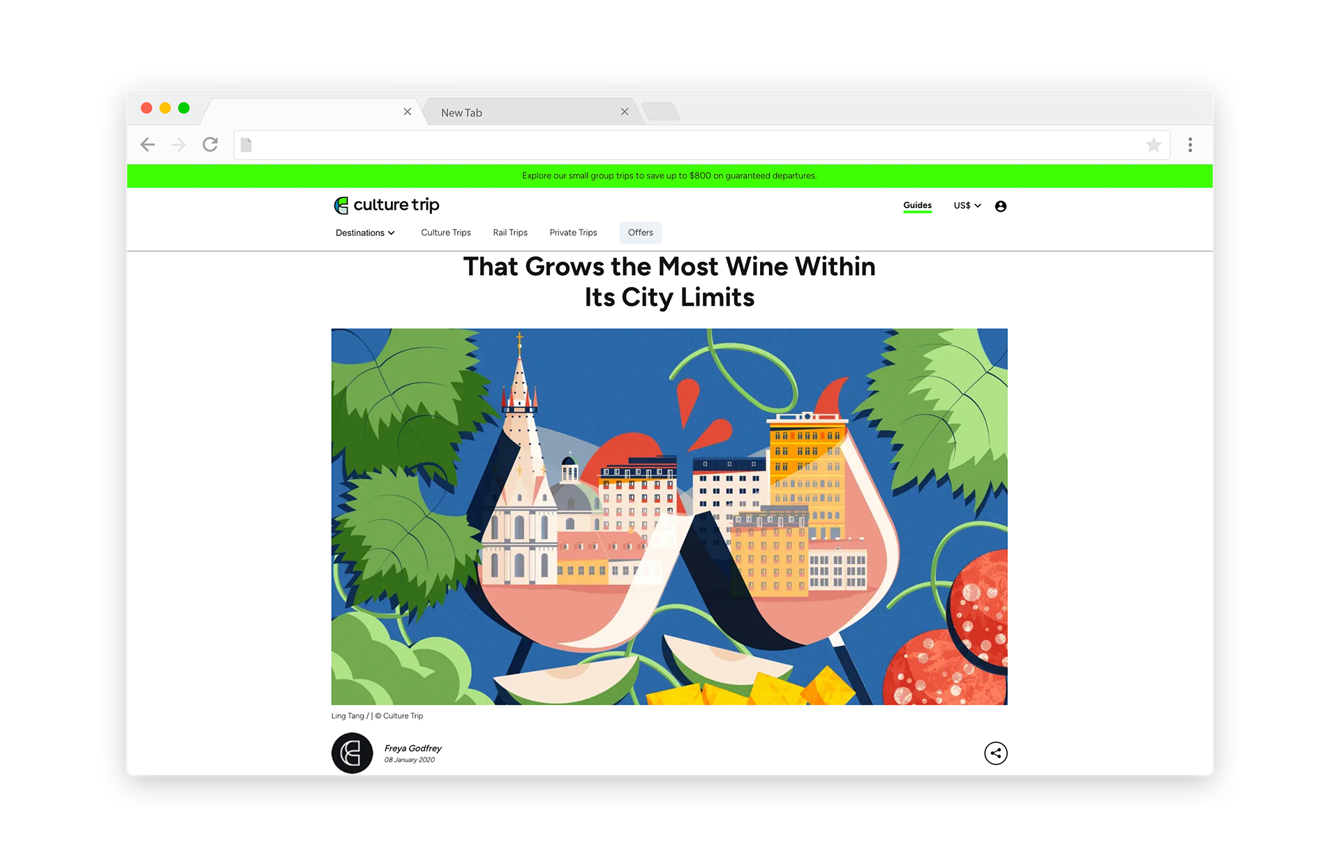 Illustration of wine glasses containing miniature European cityscapes surrounded by grape vines, representing cities that produce wine within their limits.