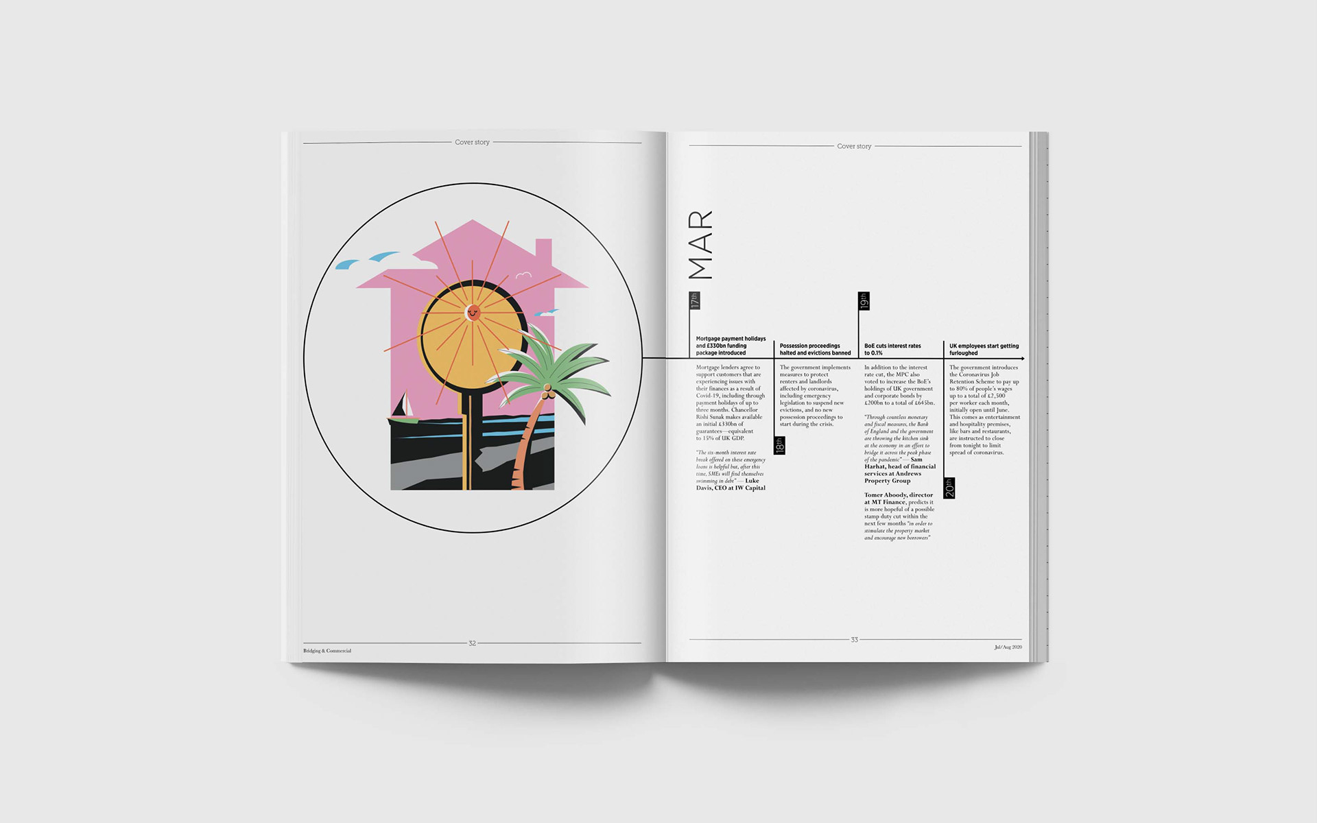 Open magazine spread showing an artistic circular illustration with a stylized house and sun on the left page, and the start of an article titled "MAR" with multiple text columns on the right page.