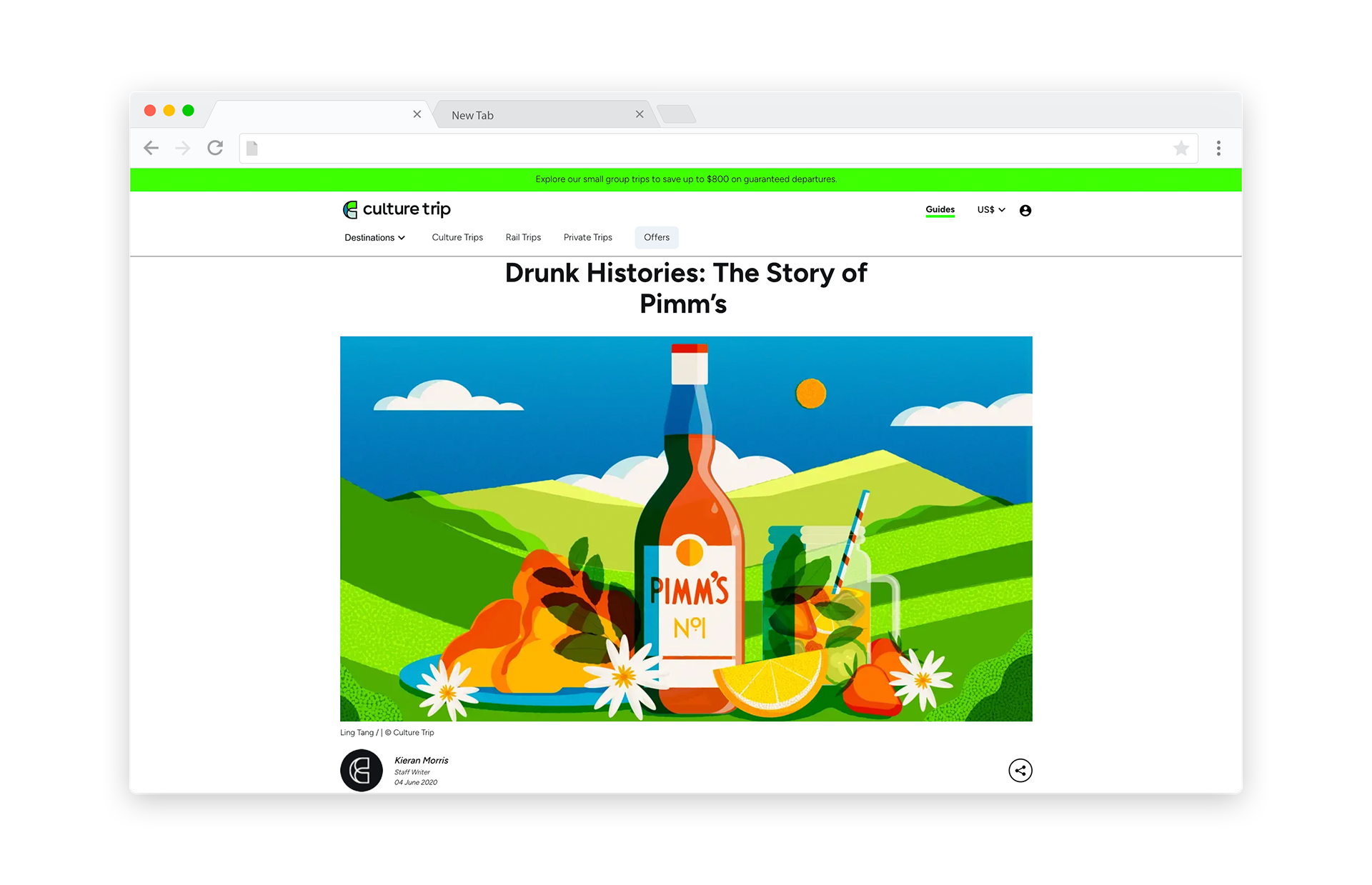 Illustrated bottle of Pimm's No. 1 liqueur with a glass and garnishes including strawberries, orange slices, and herbs, set against rolling green hills under a blue sky.