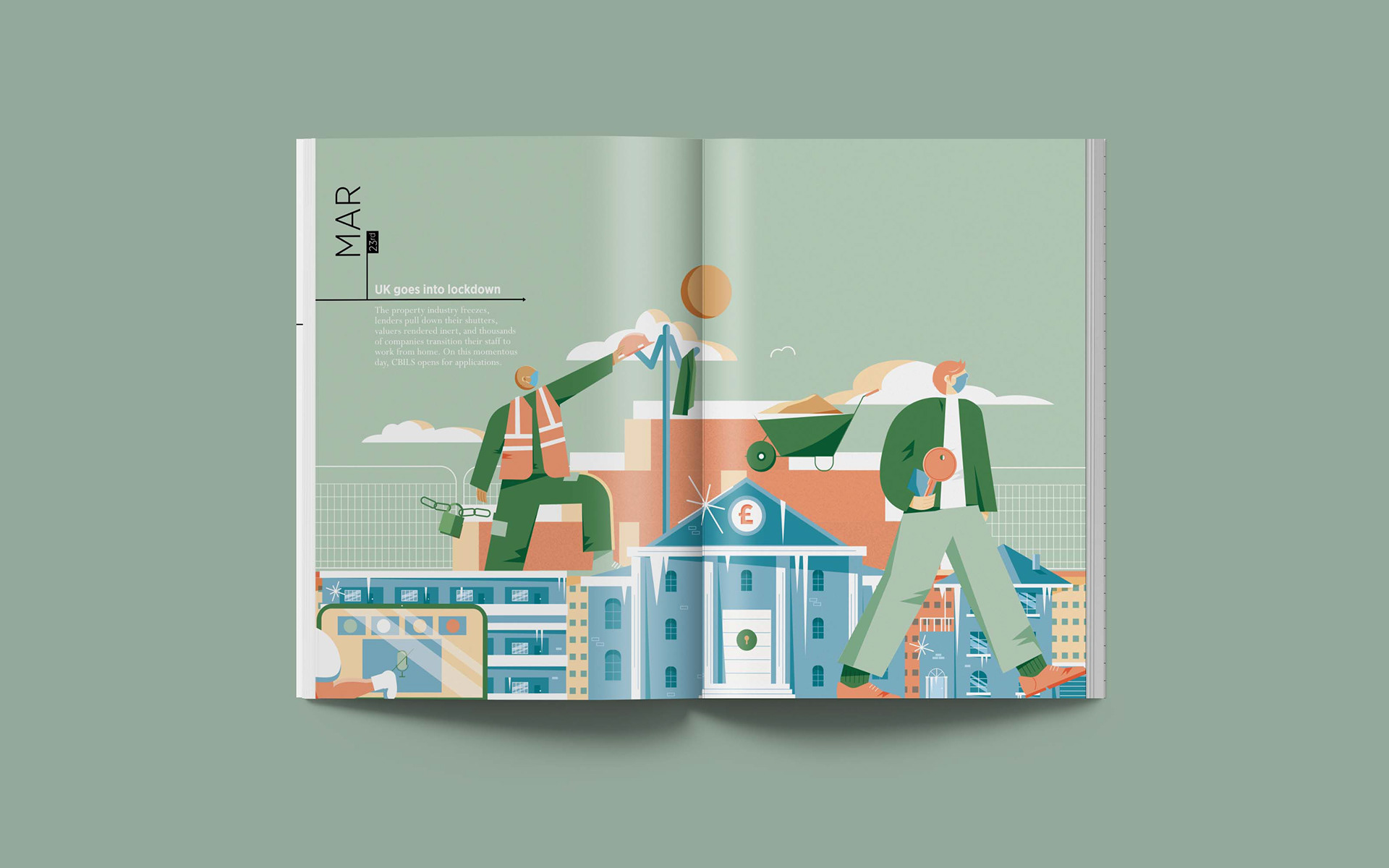 Magazine spread with stylized illustration showing two large figures in green clothing walking above a cityscape,