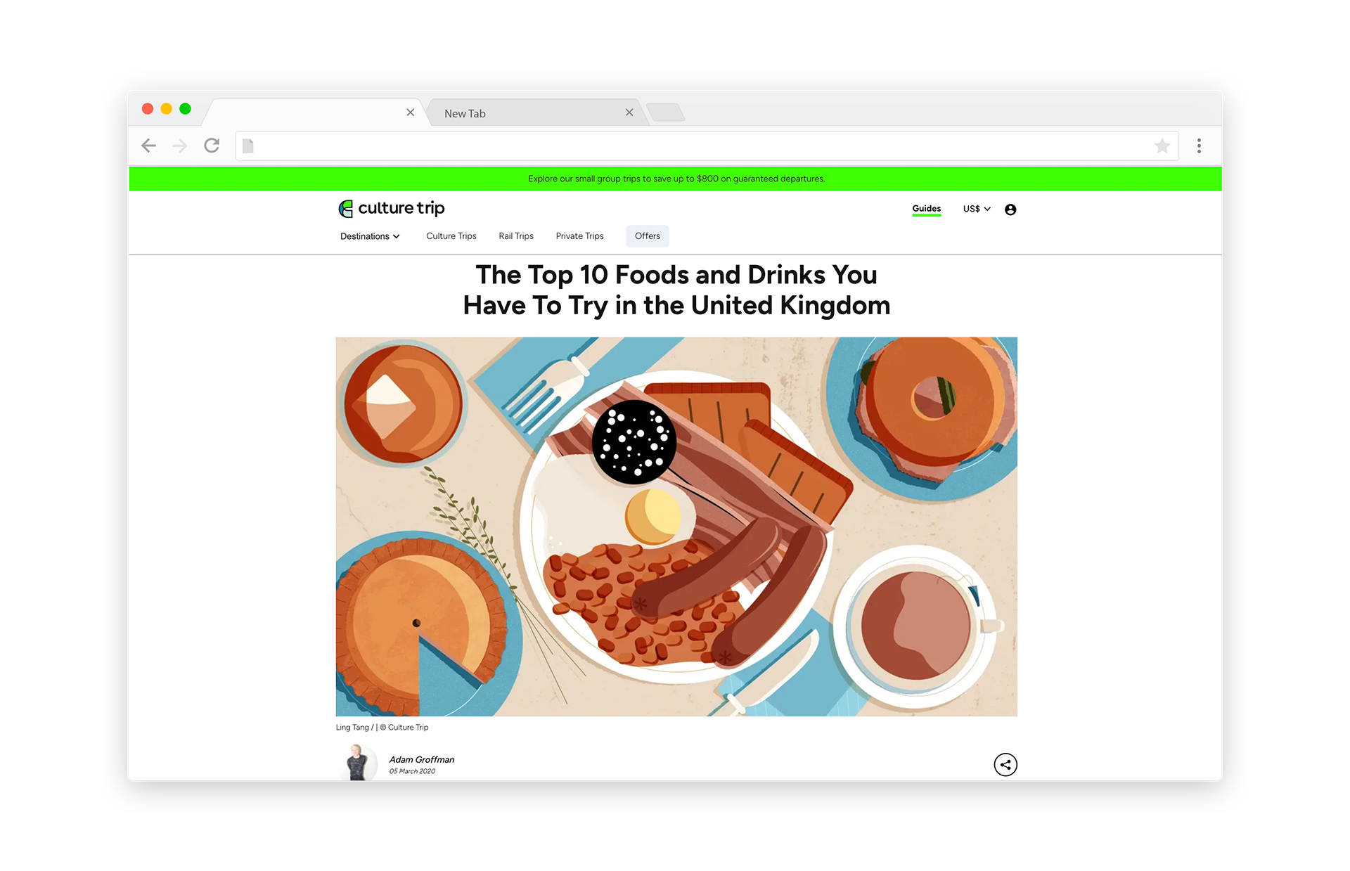 Illustrated overhead view of traditional British foods including a full English breakfast with black pudding, baked beans, and toast, surrounded by tea, pastries, and other UK dishes.