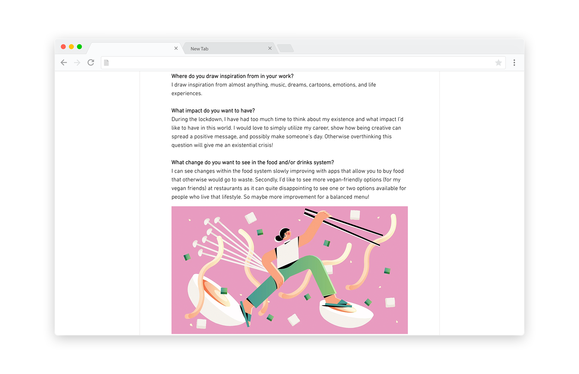 Browser window showing an interview or Q&A format with questions about creative inspiration and food systems, featuring the same stylized illustration of a person leaping across a pink background with flowing ribbons and geometric shapes.