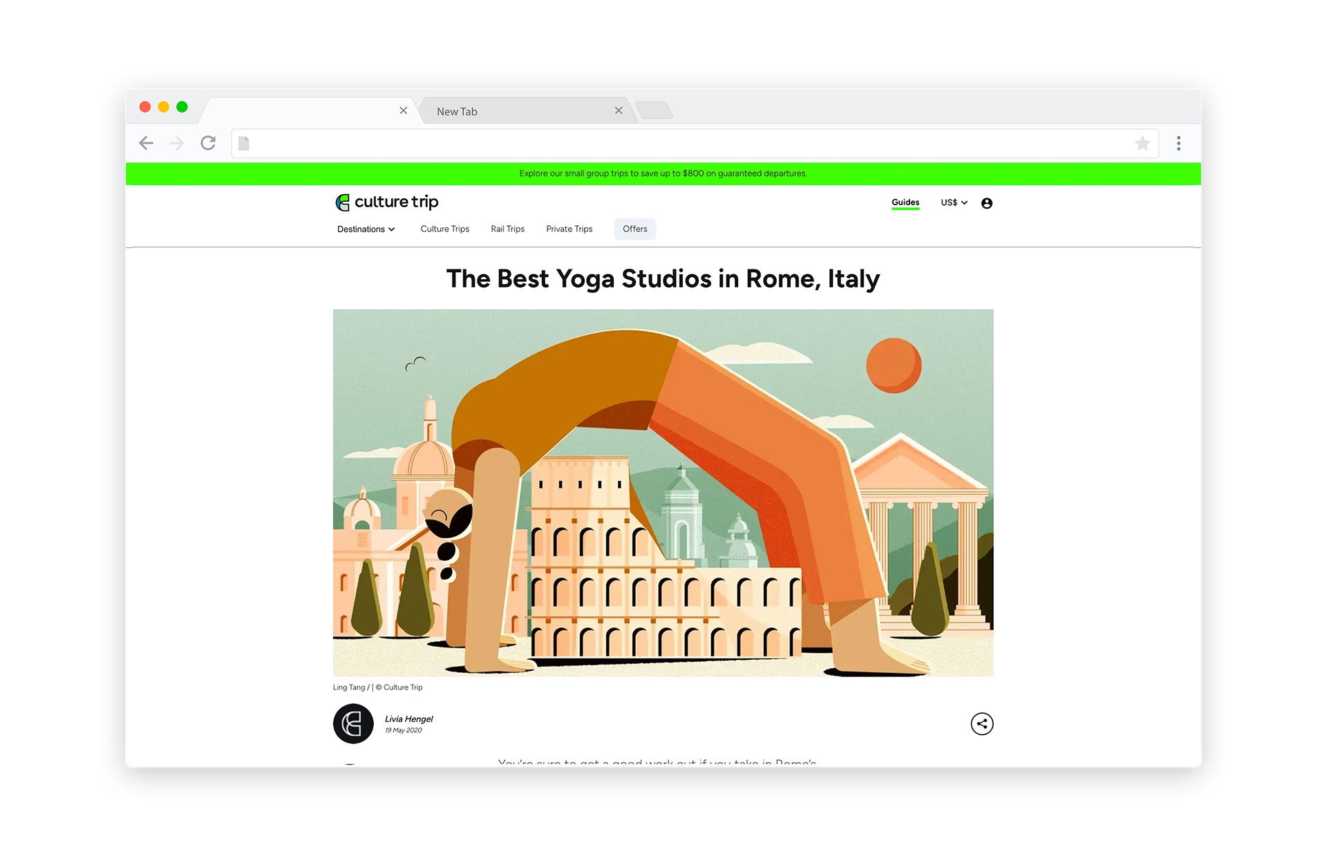 Alt text: "Stylized illustration of a person in a yoga pose arching over Rome's iconic landmarks including the Colosseum, domed churches, and classical architecture under a warm sunset sky.