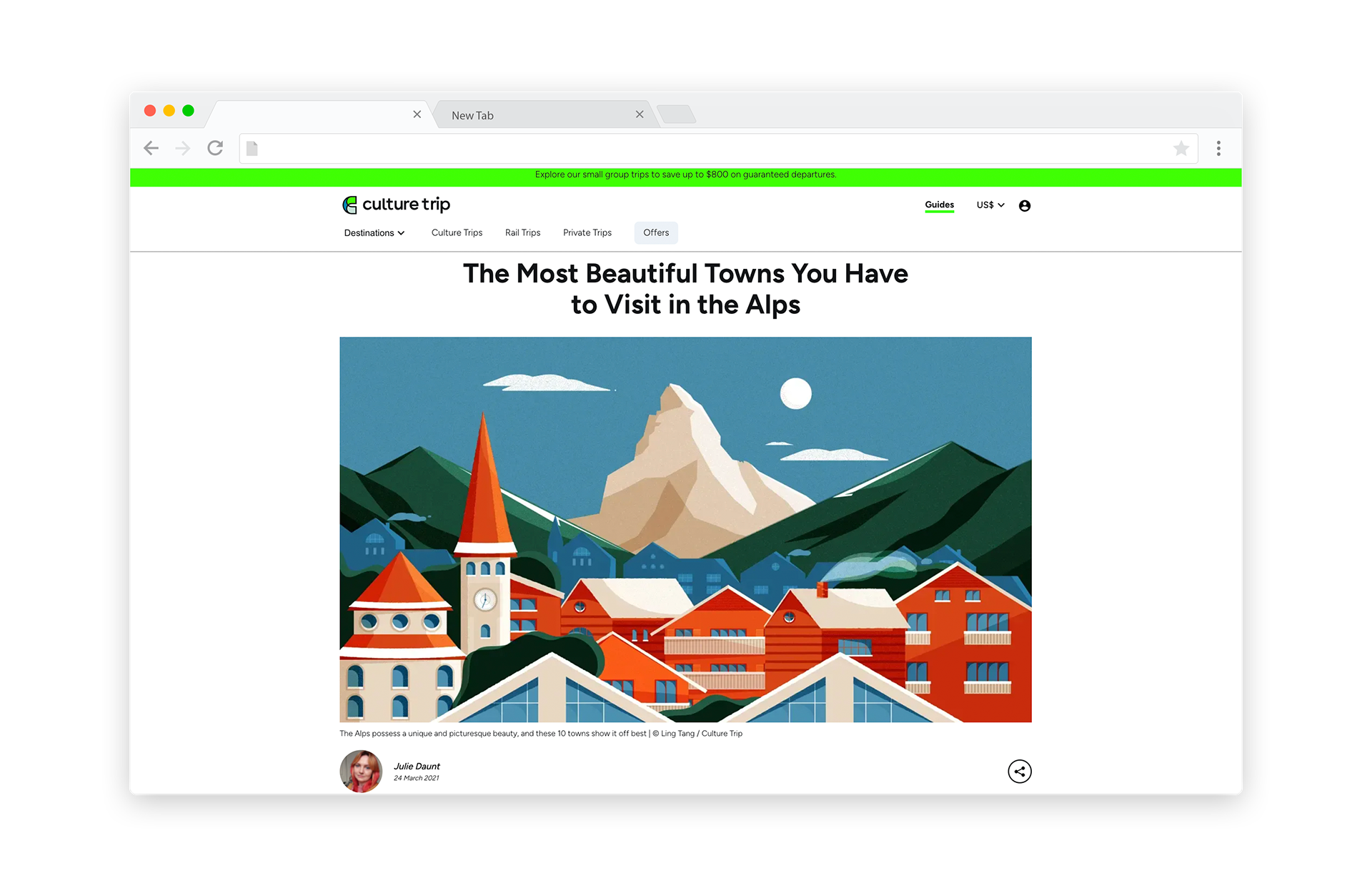 Stylized illustration of a picturesque Alpine town with red-roofed buildings and a church bell tower nestled against snow-capped mountain peaks under a blue sky.