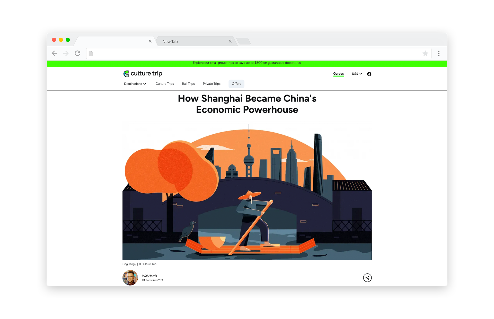 Stylized illustration of Shanghai's skyline featuring iconic skyscrapers like the Oriental Pearl Tower behind a traditional Chinese boat with a figure rowing on water, symbolizing the city's blend of old and new.