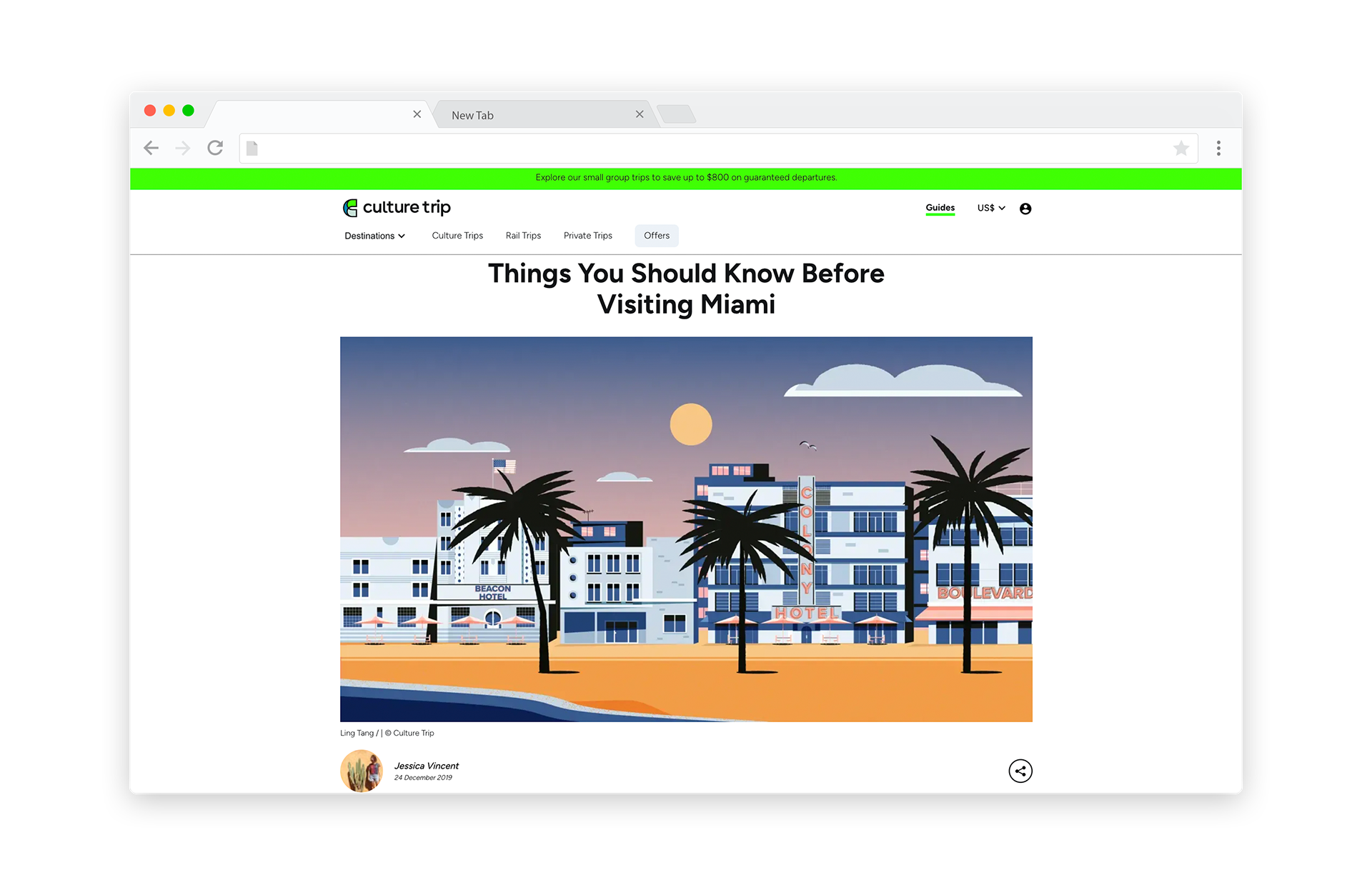 Stylized illustration of Miami's Art Deco architecture along the beachfront with colorful hotels, palm trees, and ocean under a sunset sky with clouds.