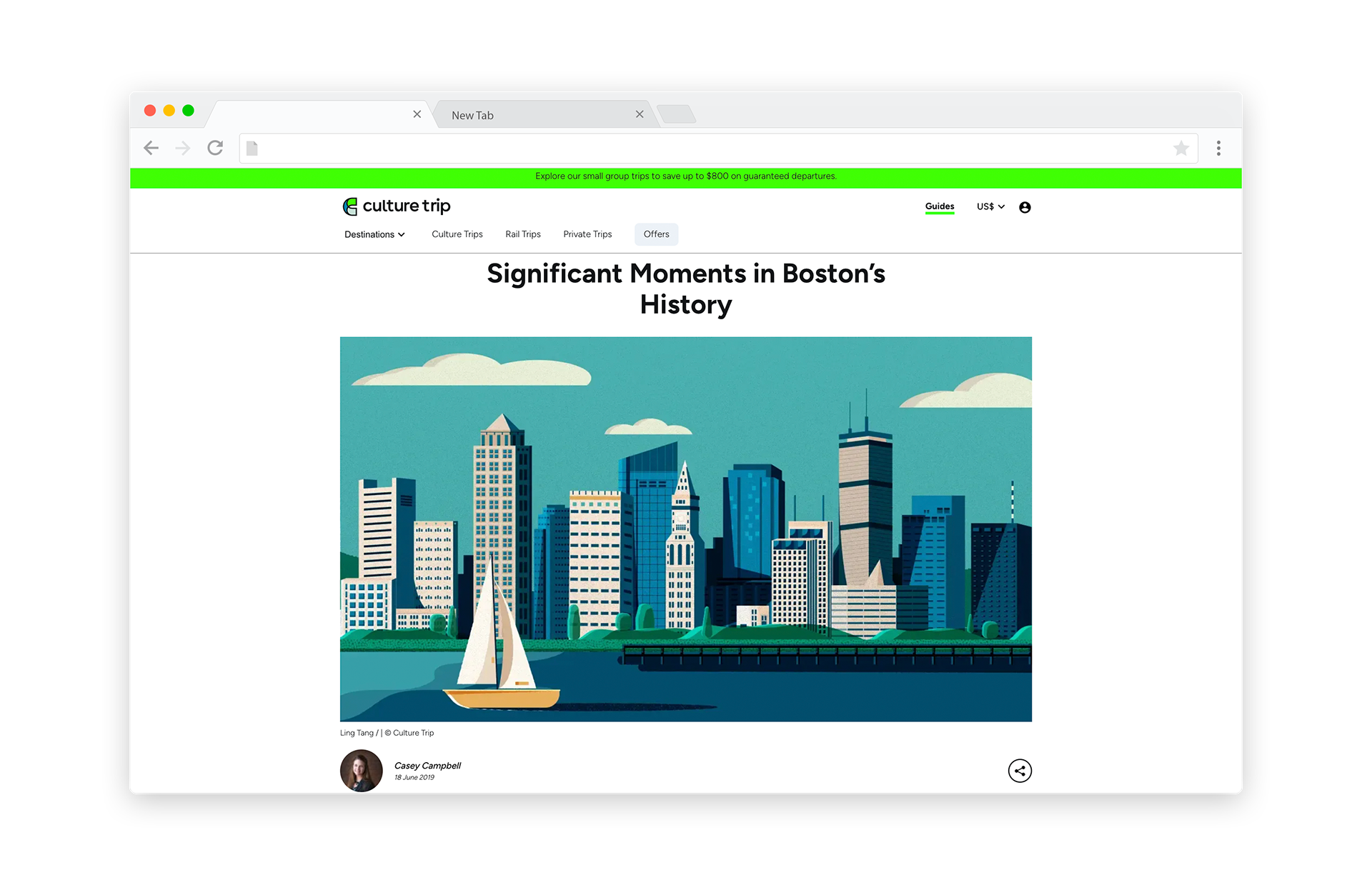 Stylized illustration of Boston's downtown skyline with modern skyscrapers and historic buildings along the waterfront, featuring a sailboat in the harbor under a blue sky with white clouds.