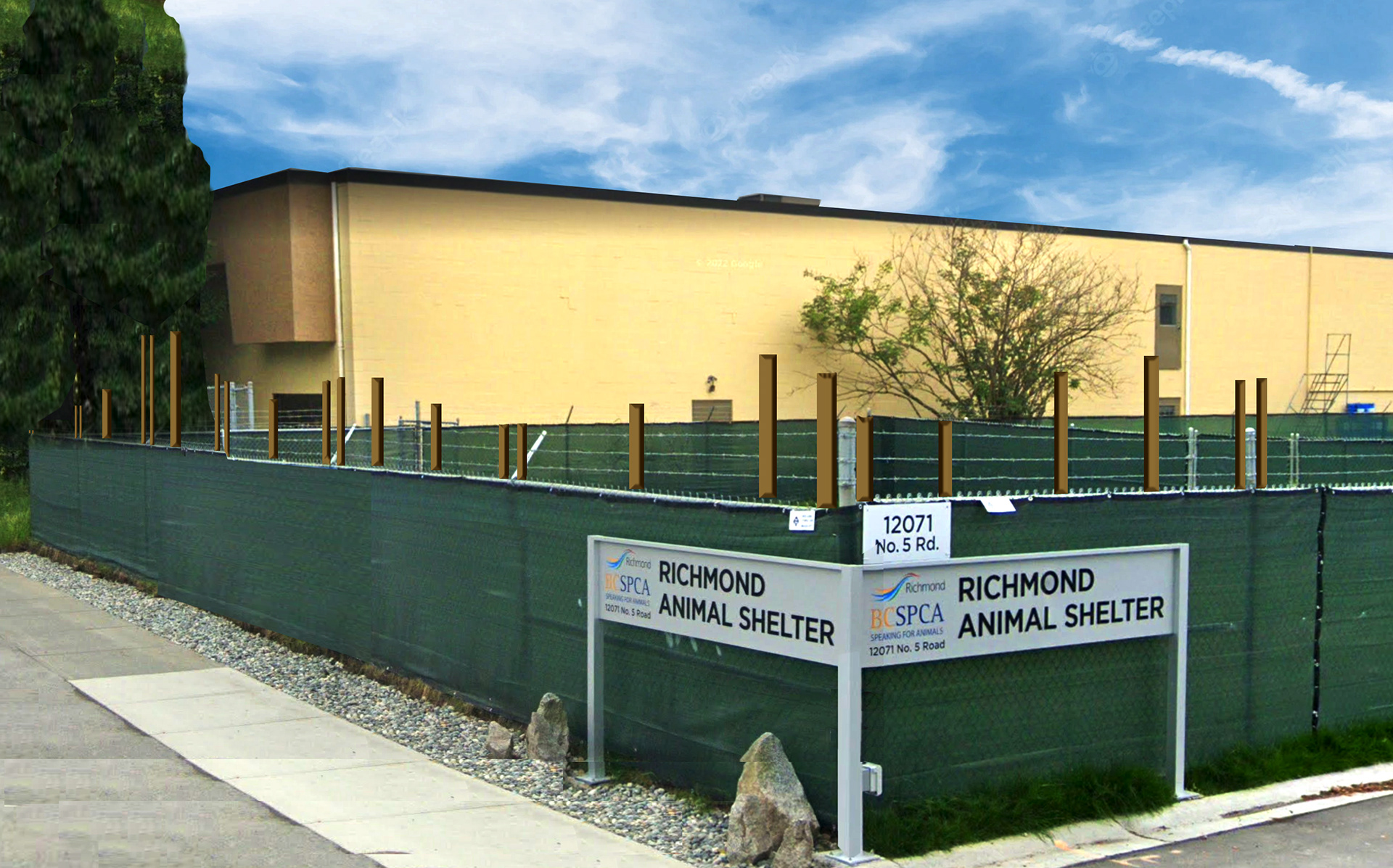 Pictured with proposed reinforcing posts made form composite decking (recycled wood fibres and non-BPA plastics) supports to strengthen and extend the height of the fence.