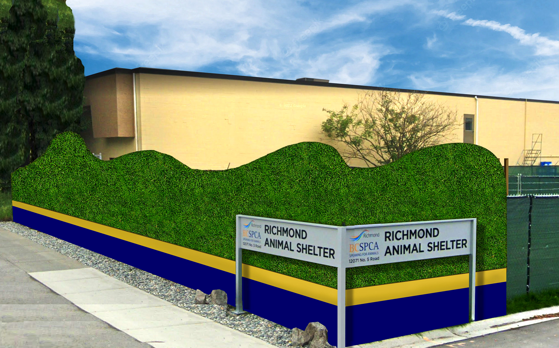 Commercial grade grass turf made from 80% recylced plastic secured to the fence create to create a parklike backdrop