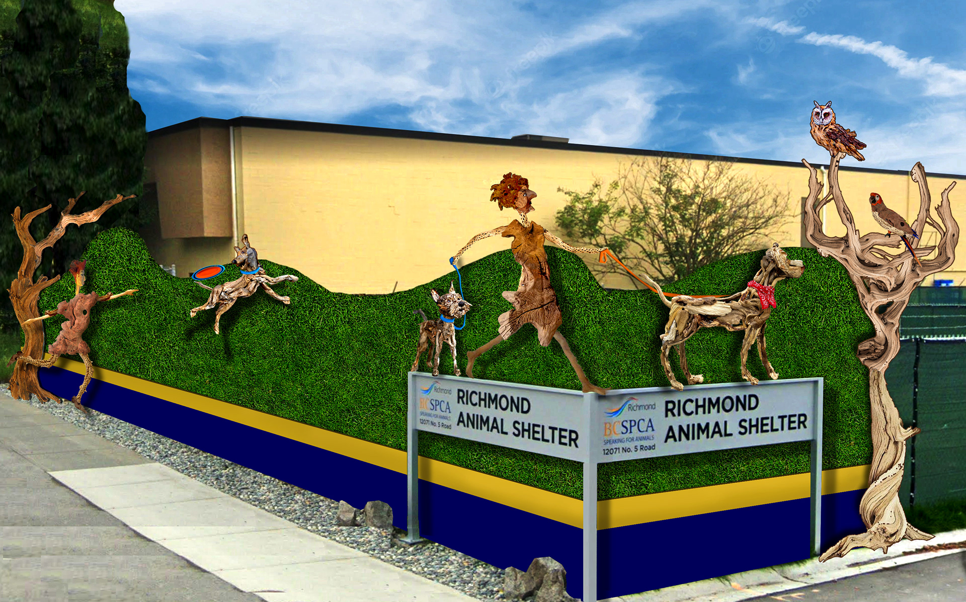 The frisbee thrower and dog represent the role animals play in our physical and mental health.