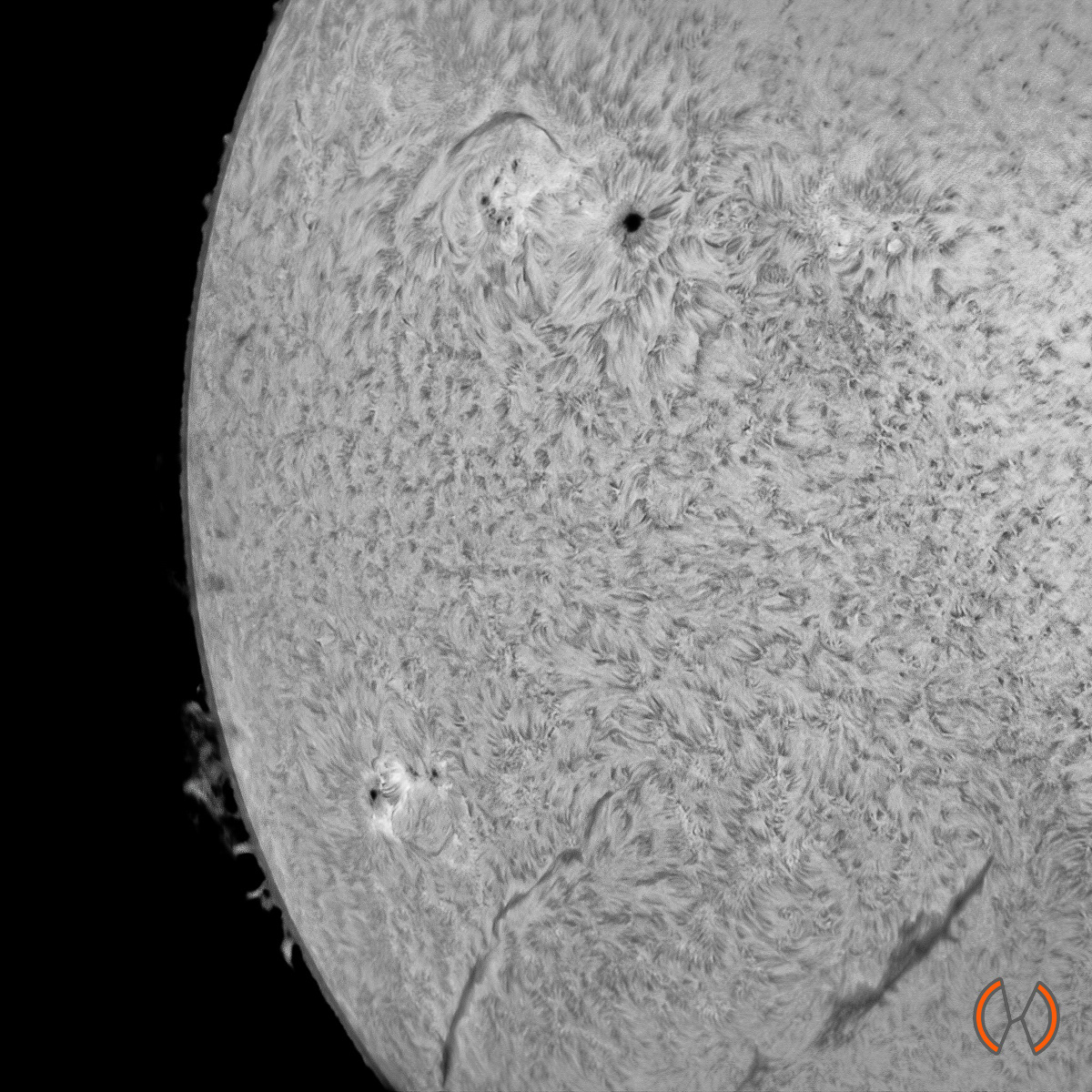 2022 - De Zon in Hydrogen Alpha licht met AR3053 en AR3055