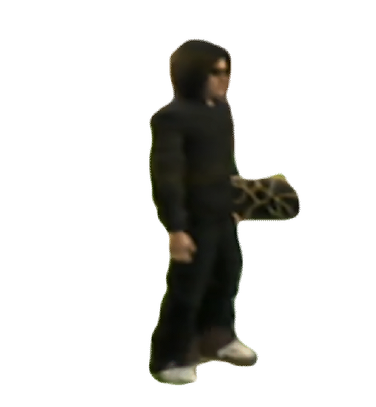 3D postać w czarnej bluzie z kapturem, okularach przeciwsłonecznych, trzymająca deskorolkę. Kręcąca się wokół własnej osi.