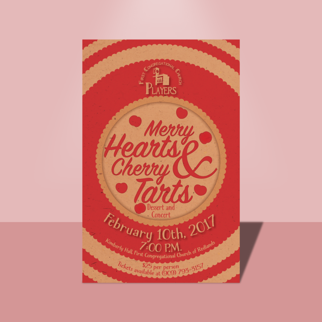 Flyer looking like a cherry pie for a concert called Merry Hearts and Cherry Tarts
