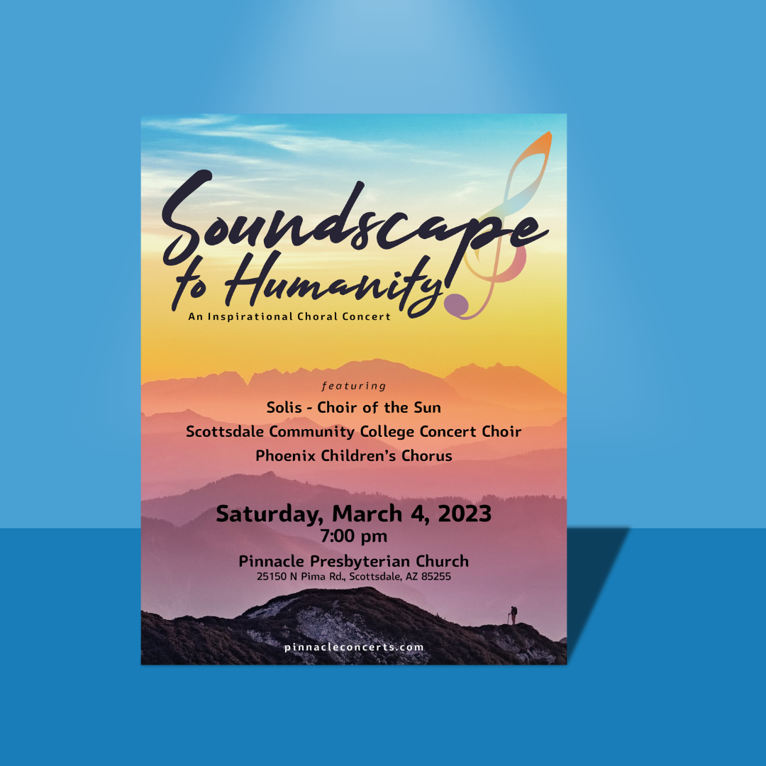 Flyer of multicolored sunset and information for choral concert called Soundscape to Humanity