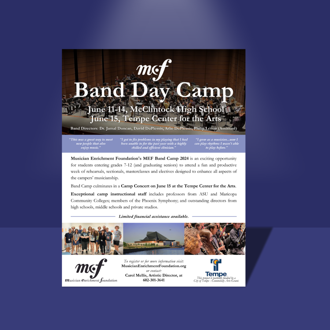 Flyer for Band Day Camp with photos of campers performing music