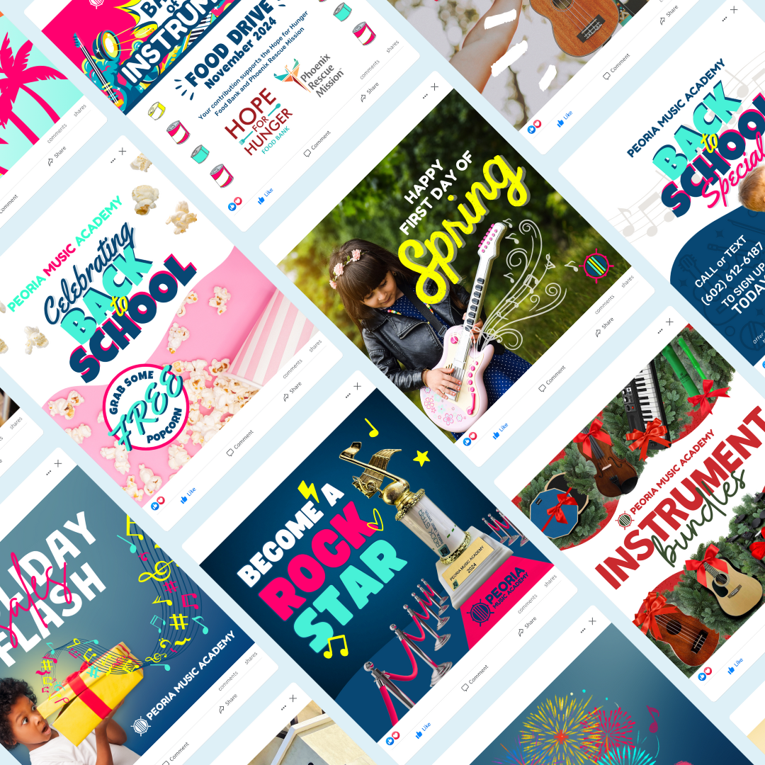 Various social media images for a music school